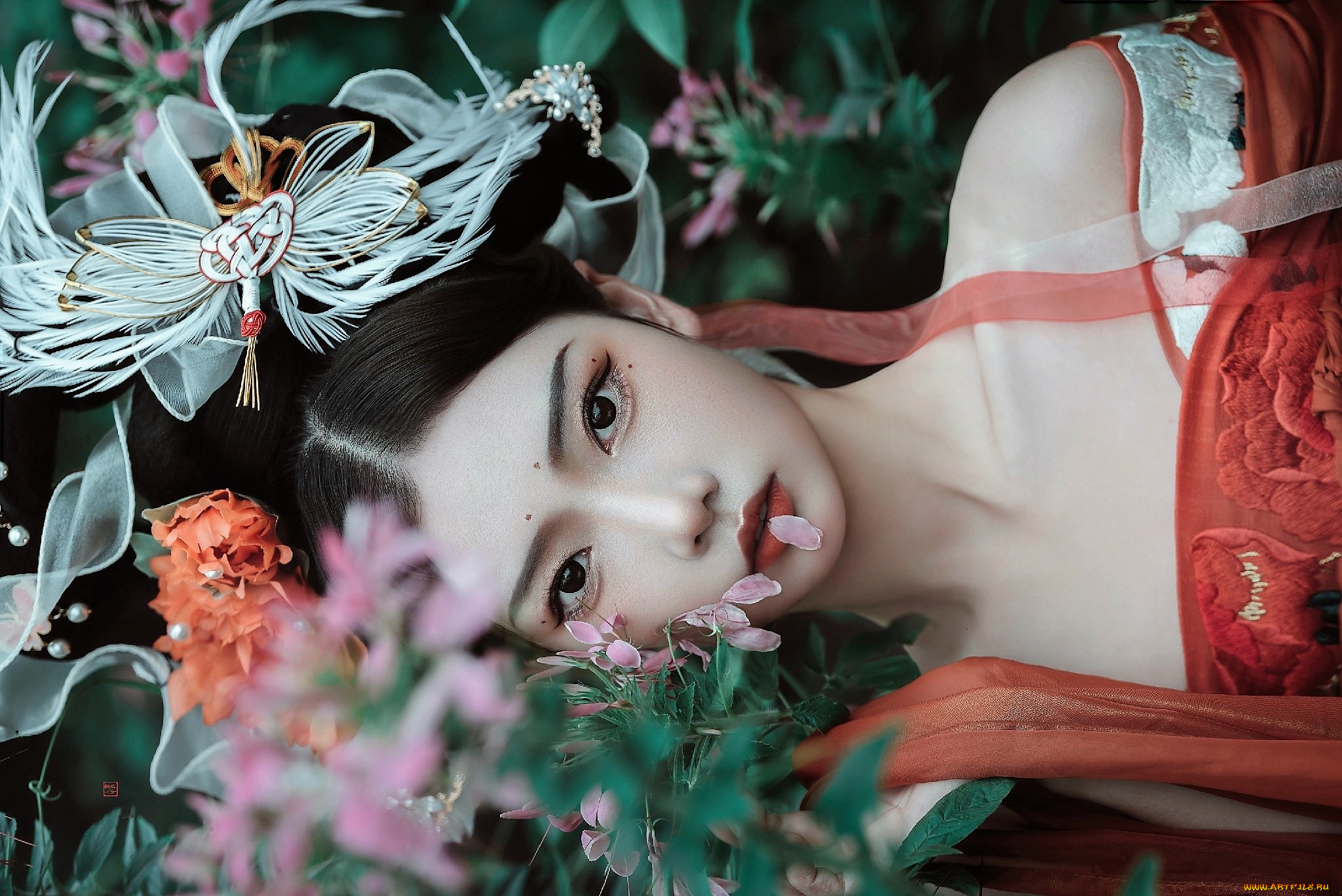 девушки, -, азиатки, лицо, цветы