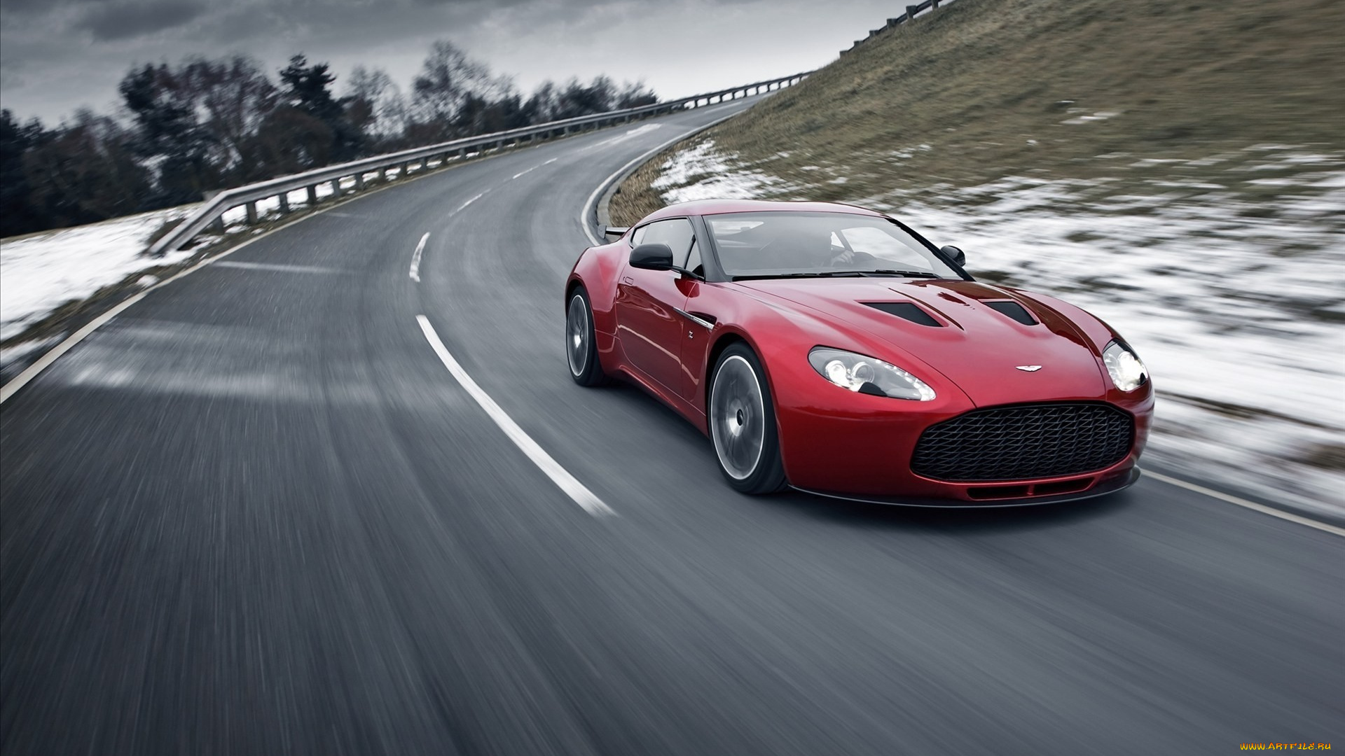 автомобили, aston, martin, красный, скорость, дорога, снег