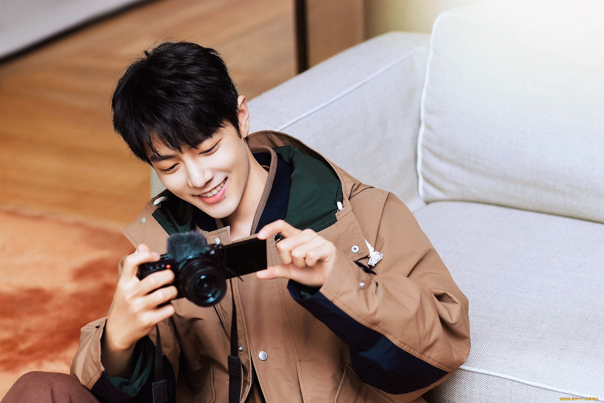 мужчины, xiao, zhan, актер, куртка, камера, диван