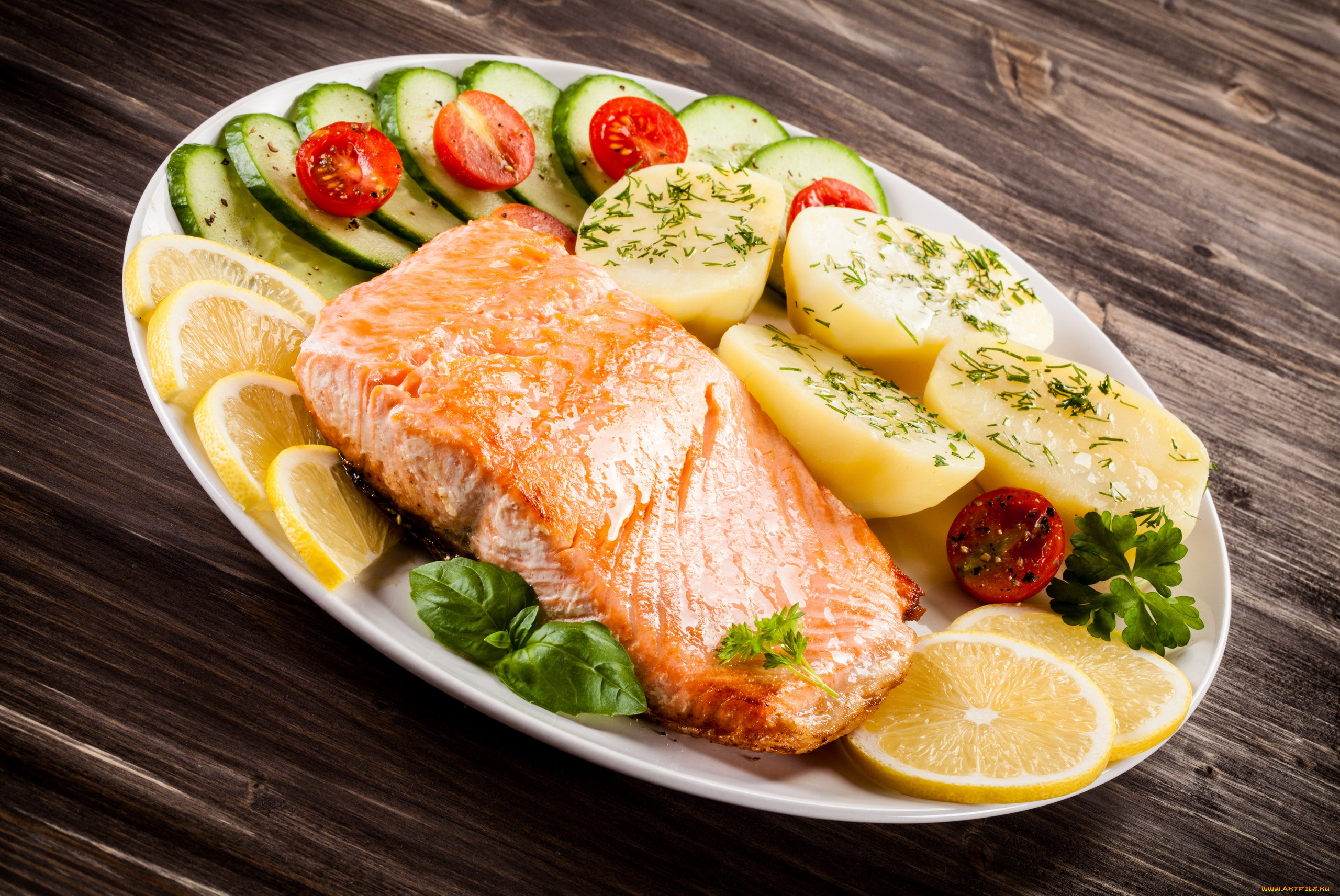 еда, рыбные, блюда, , с, морепродуктами, форель, помидоры, лимон, картофель, базилик