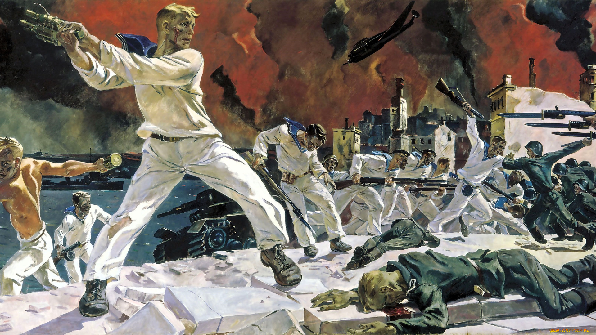 оборона, севастополя, , дейнека, рисованное, живопись, война, бой, матросы, немцы