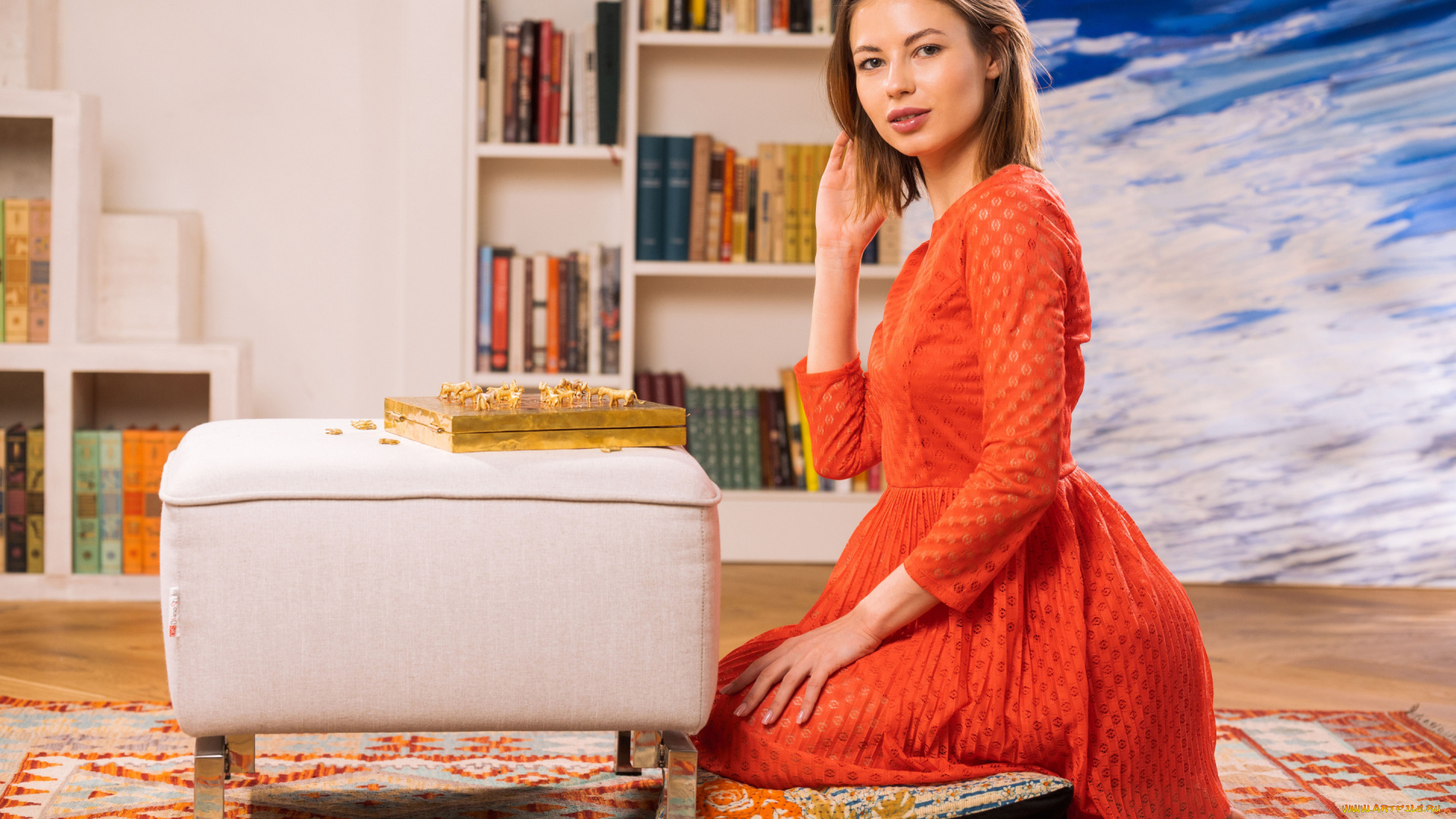 viktoriia, aliko, девушки, модель, женщины, красная, помада, красное, платье, сидит, запустив, руки, в, волосы, помещении, виктория, алико