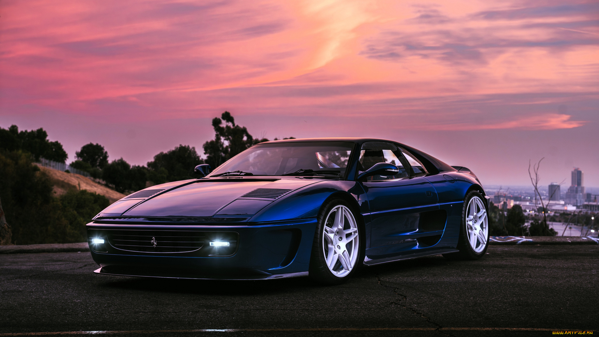 автомобили, ferrari, фиолетовая, закат, город