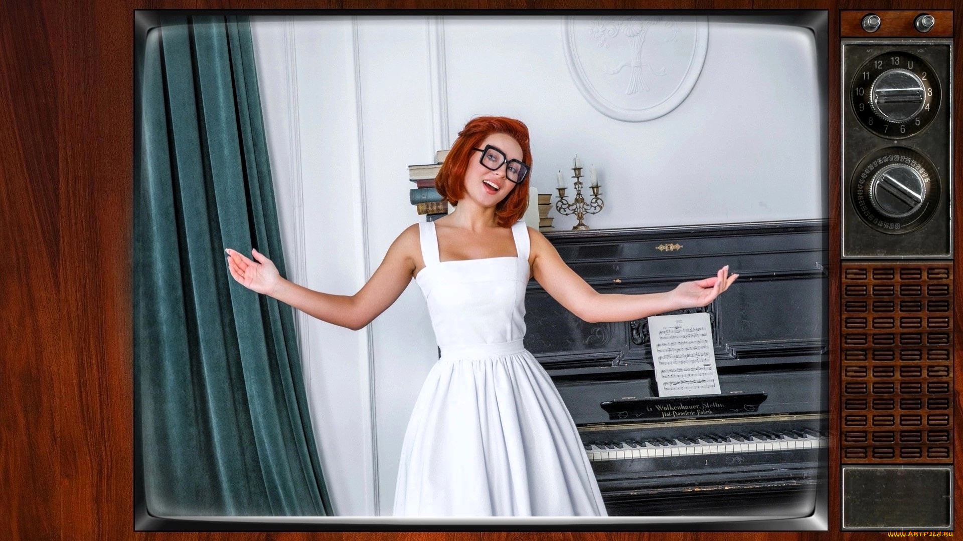 девушки, анна, шаховская, телевизор, песня, платье, очки, косплей, наряд, образ, пианино