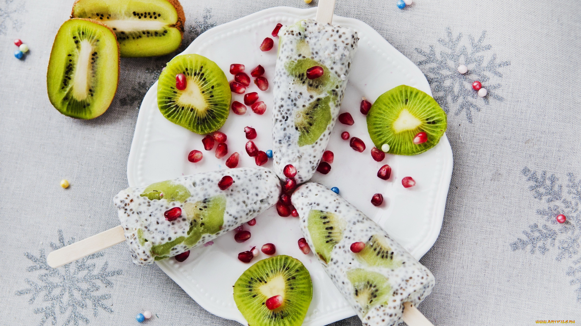 еда, мороженое, , десерты, зерна, гранат, киви