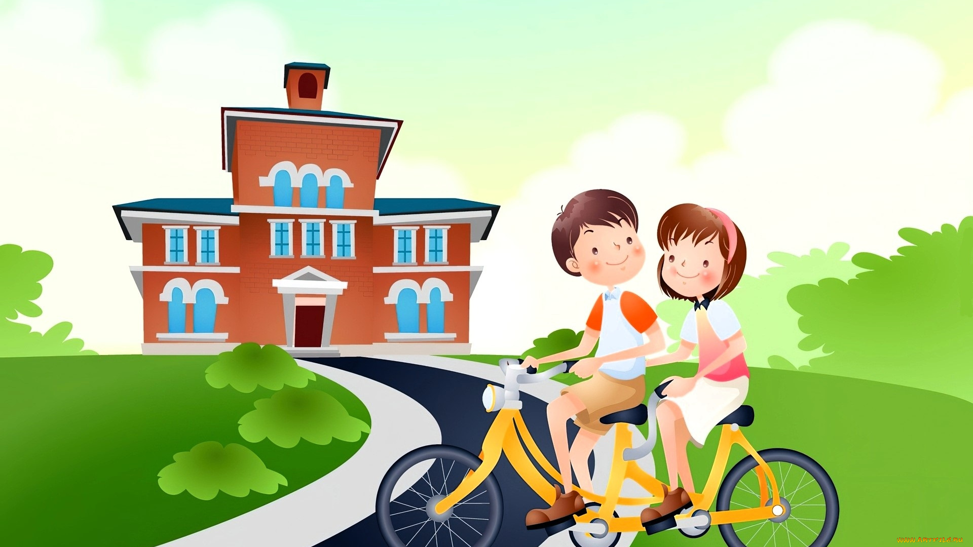 рисованное, дети, велосипед, дом, дорога, сад
