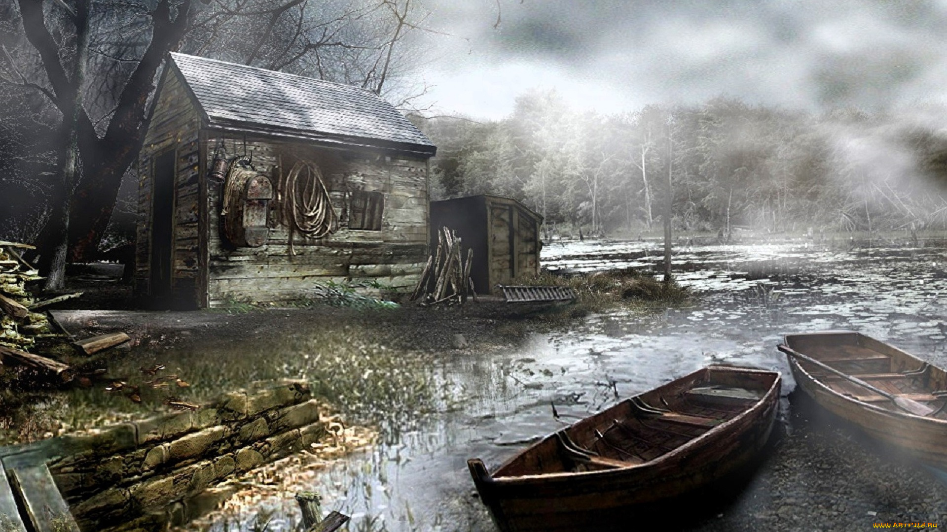 видео, игры, resident, evil, 4, туман, лес, домик, дрова, лодки