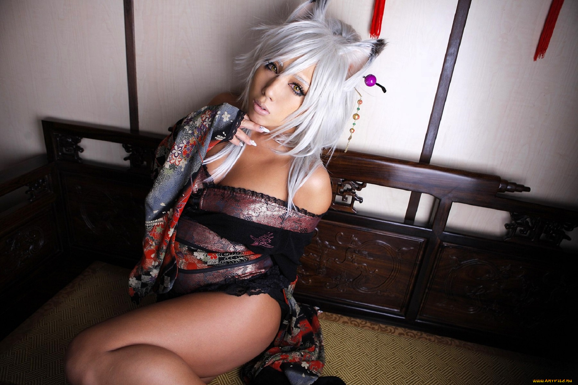 девушки, nonsummerjack, образ, косплей, наряд, ушки, диван