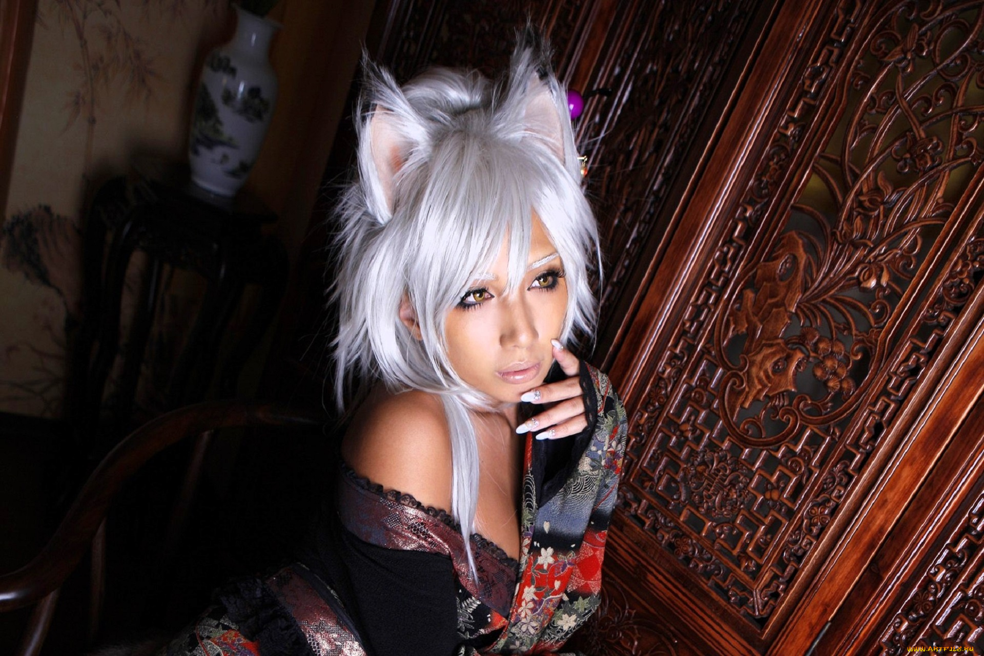 девушки, nonsummerjack, образ, косплей, наряд, ушки, шкаф, резьба