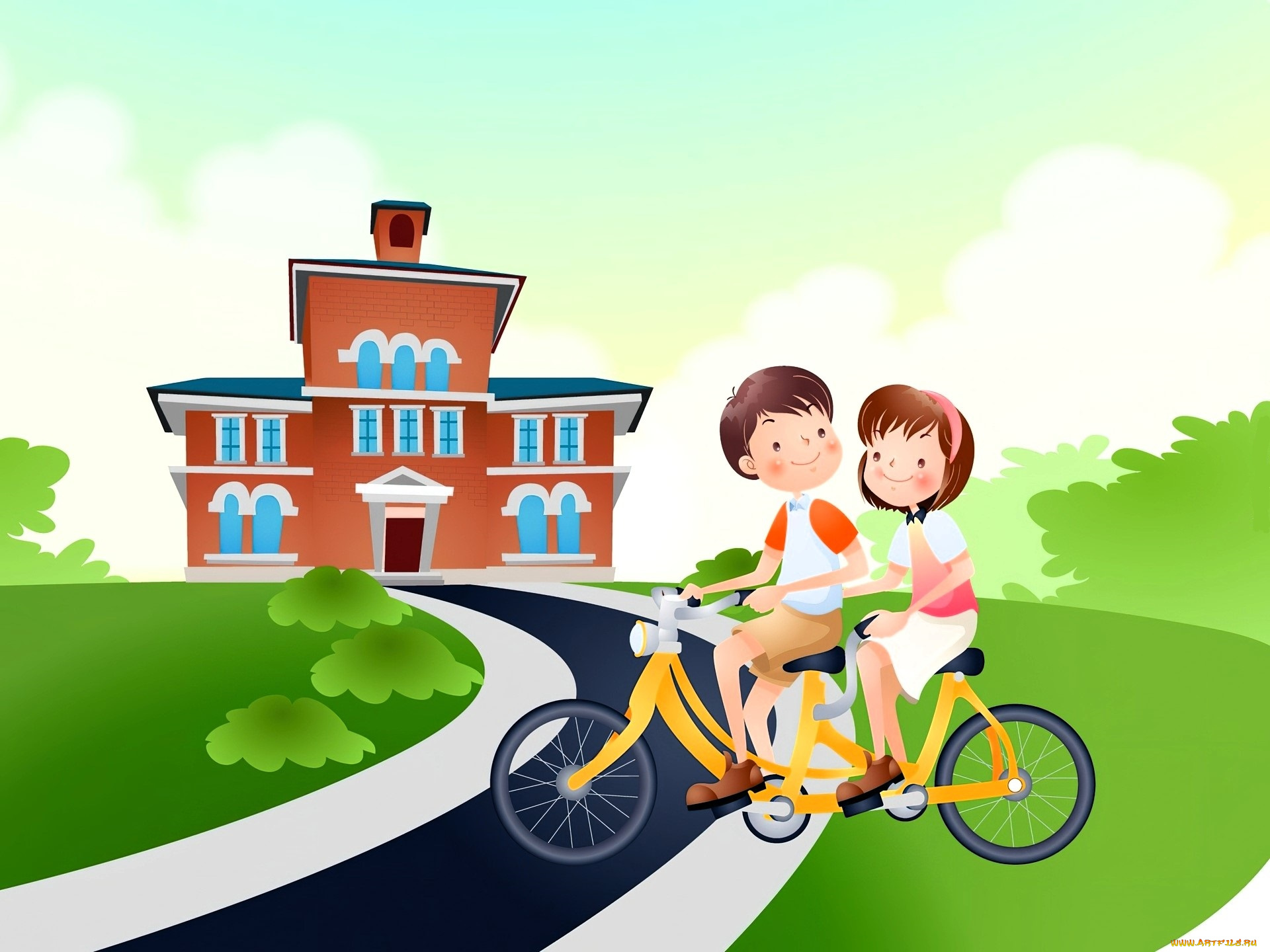 рисованное, дети, велосипед, дом, дорога, сад