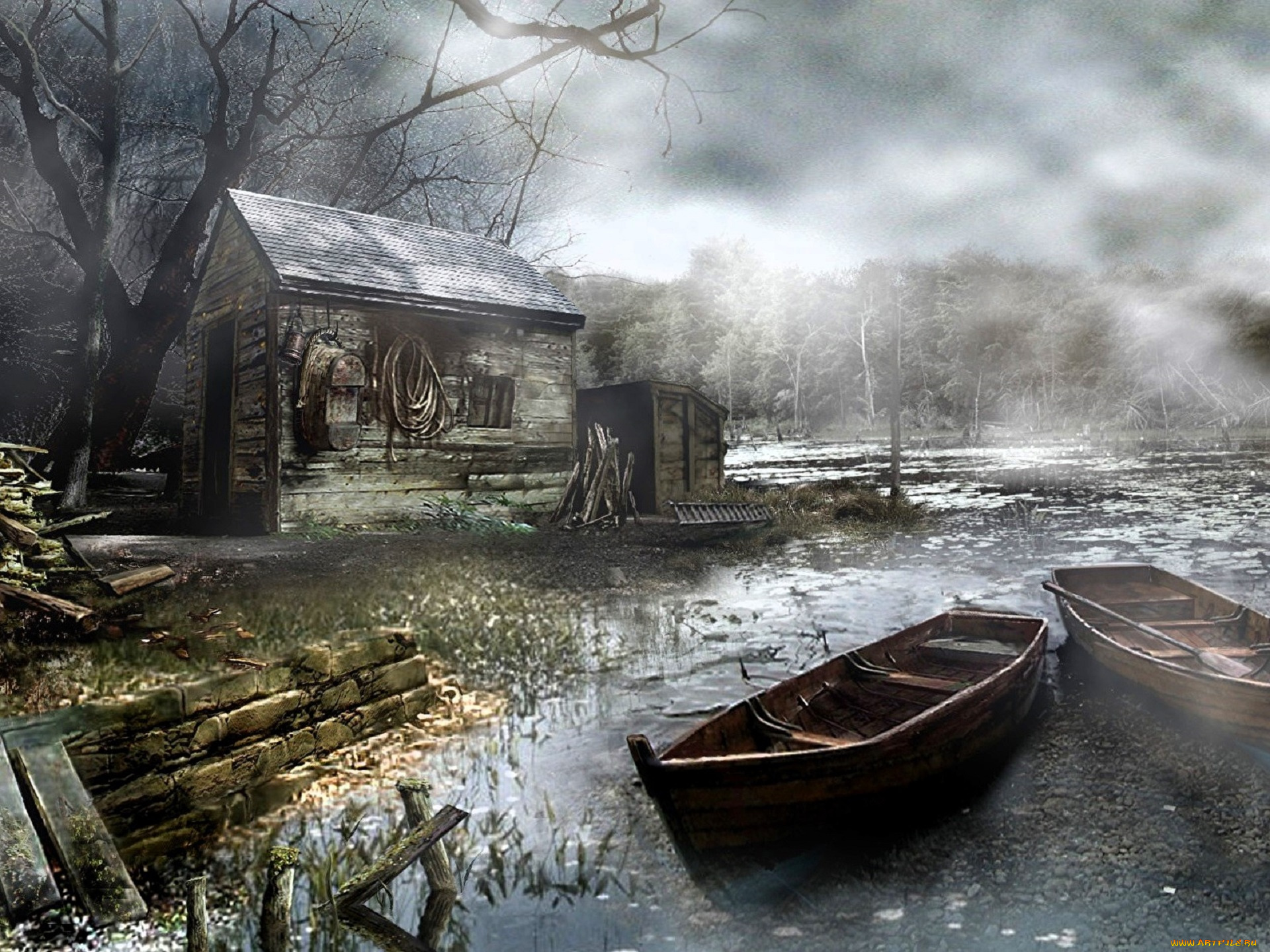 видео, игры, resident, evil, 4, туман, лес, домик, дрова, лодки