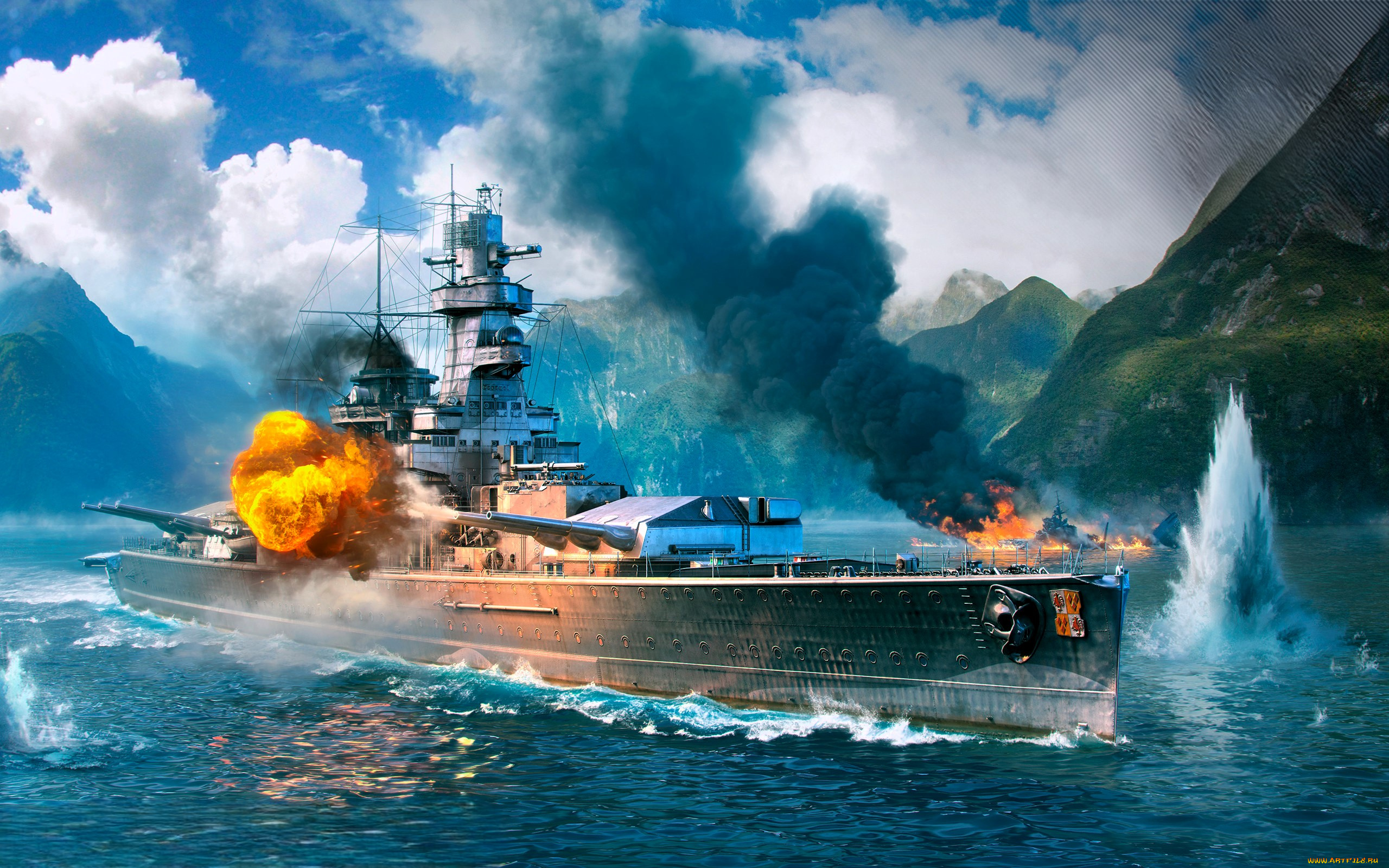 видео, игры, world, of, warships, корабли, бой, огонь, дым, море, горы