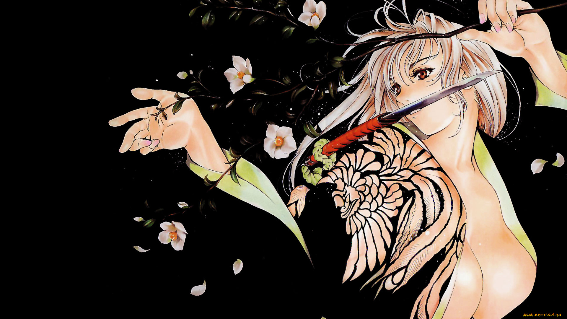 аниме, tenjou, tenge, ветвь, нож, юката, майя, нацумэ, девушка, блондинка, грудь, бутоны