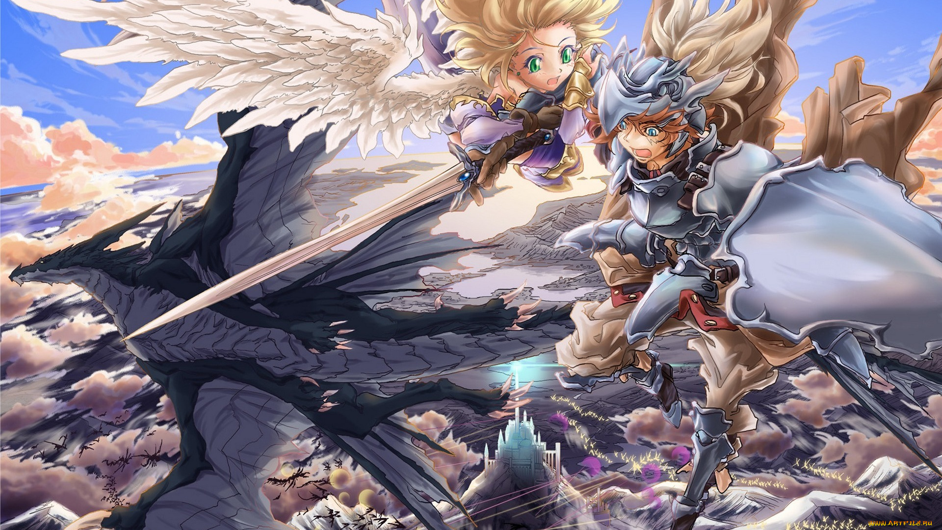 аниме, -angels, &, demons, ангел, облака, небо, высота, меч, крылья, девушка, парень, nicovideo, naka, арт, полет, оружие, драконы, замок