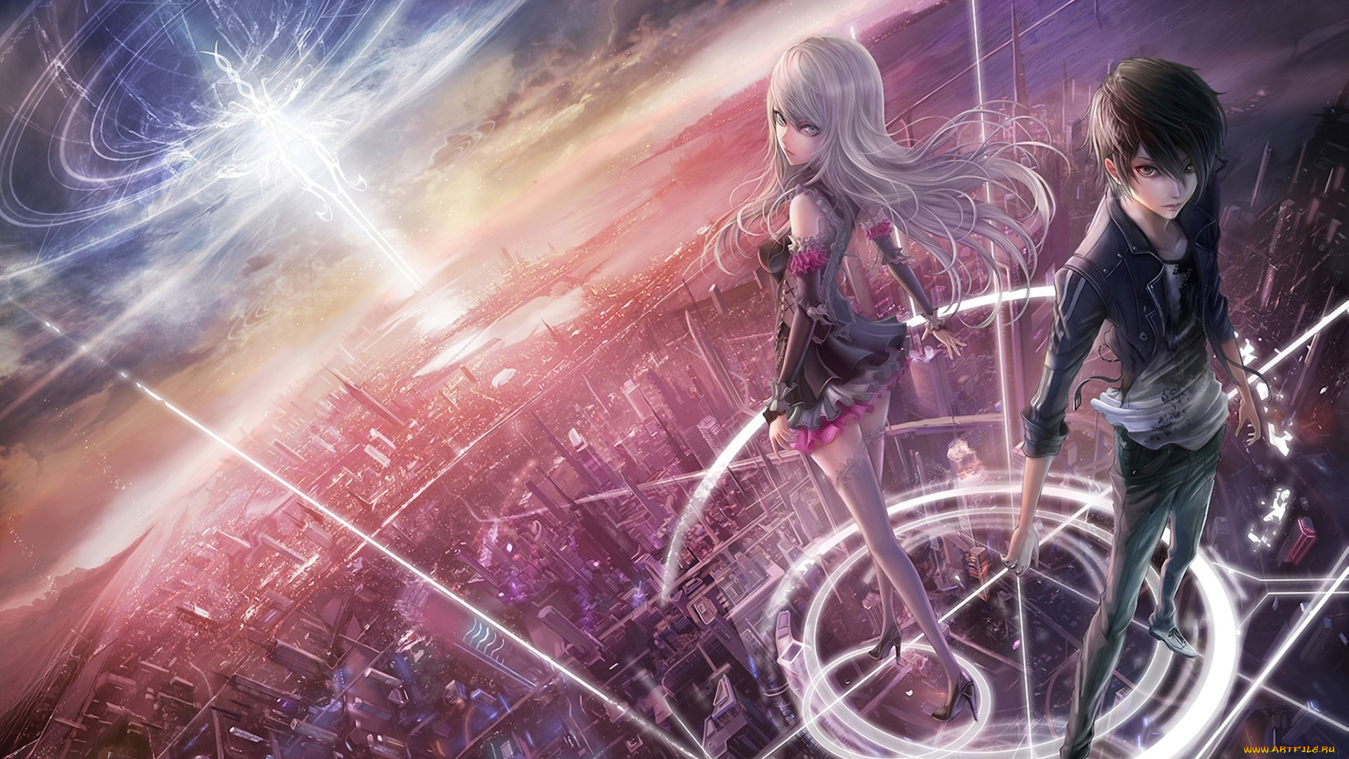 аниме, -halloween, &, magic, река, свет, лучи, залив, высота, город, ночь, огни, арт, fufu, девушка, парень