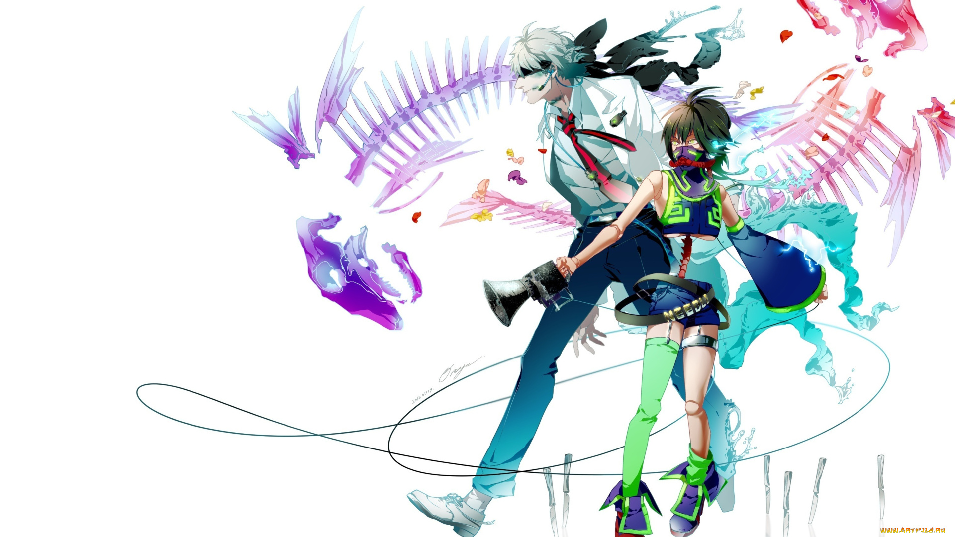 аниме, -headphones, &, instrumental, провод, микрофон, скелет, парень, девушка, gloria, маска, лепестки, otani, арт