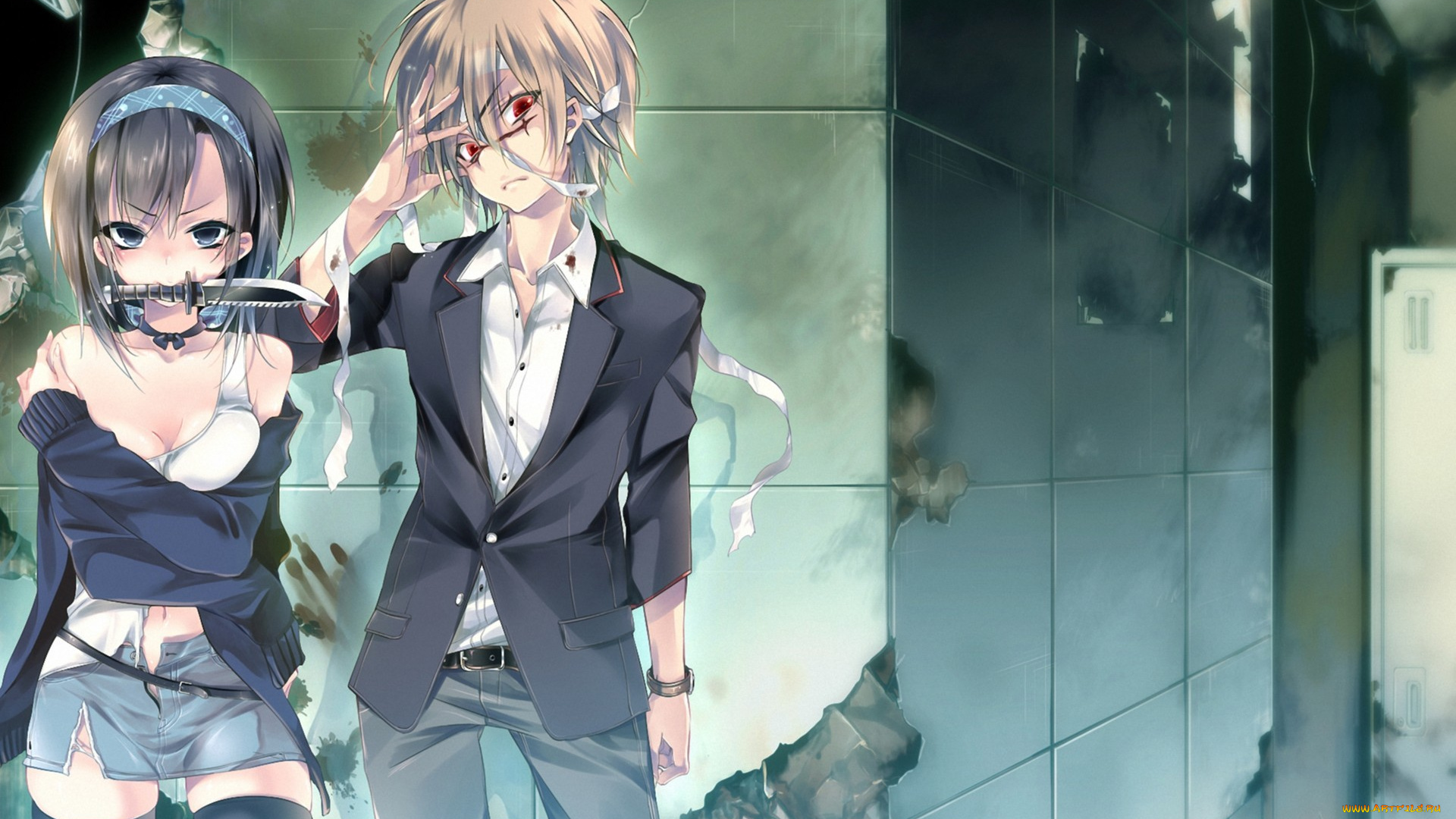 аниме, -weapon, , blood, &, technology, раны, бинты, угол, нож, девушка, парень, tokage, no, ou, kamishiki, арт