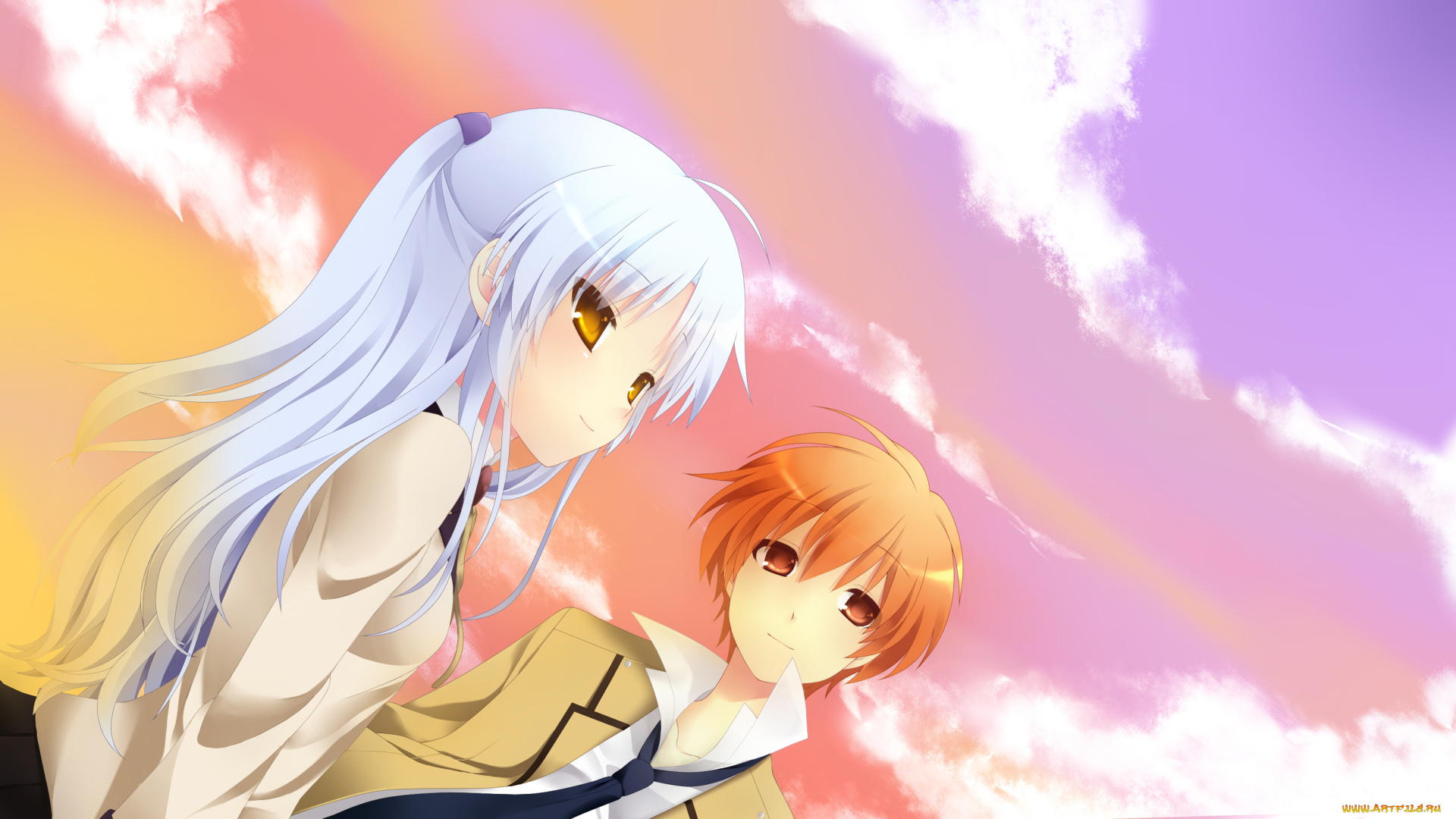 аниме, angel, beats, art, angel, beats, закат, otonashi, yuzuru, tachibana, kanade, парень, девушка, etou, школьники