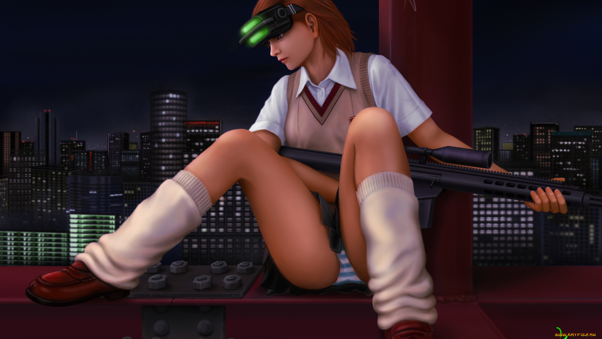 аниме, toaru, majutsu, no, index, арт, ночь, город, снайпер, балка, винтовка, девушка, сидя, misaka, mikoto, to, aru, majutsu, no, index, ebi