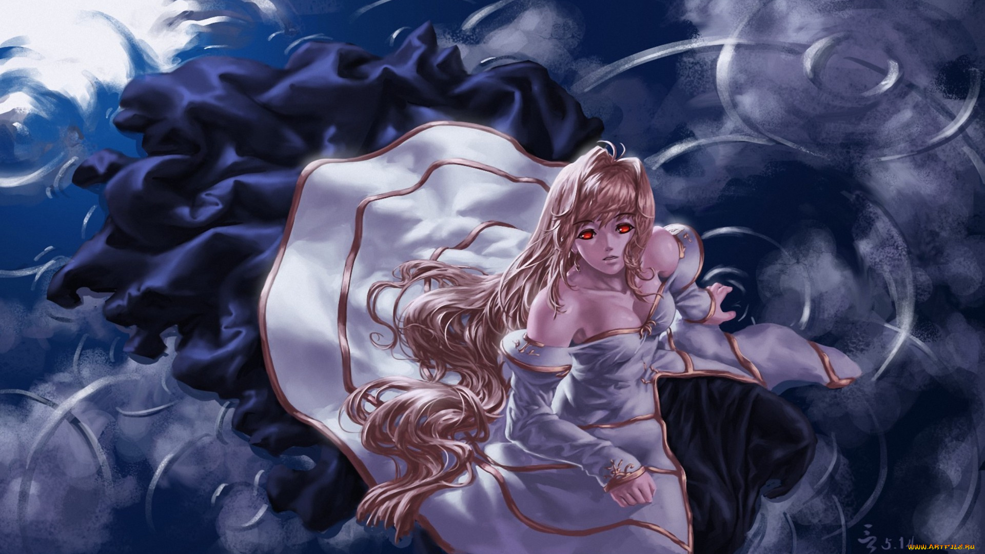 аниме, tsukihime, арт, feitie, shingetsutan, arcueid, brunestud, девушка, платье, вода, круги, волосы