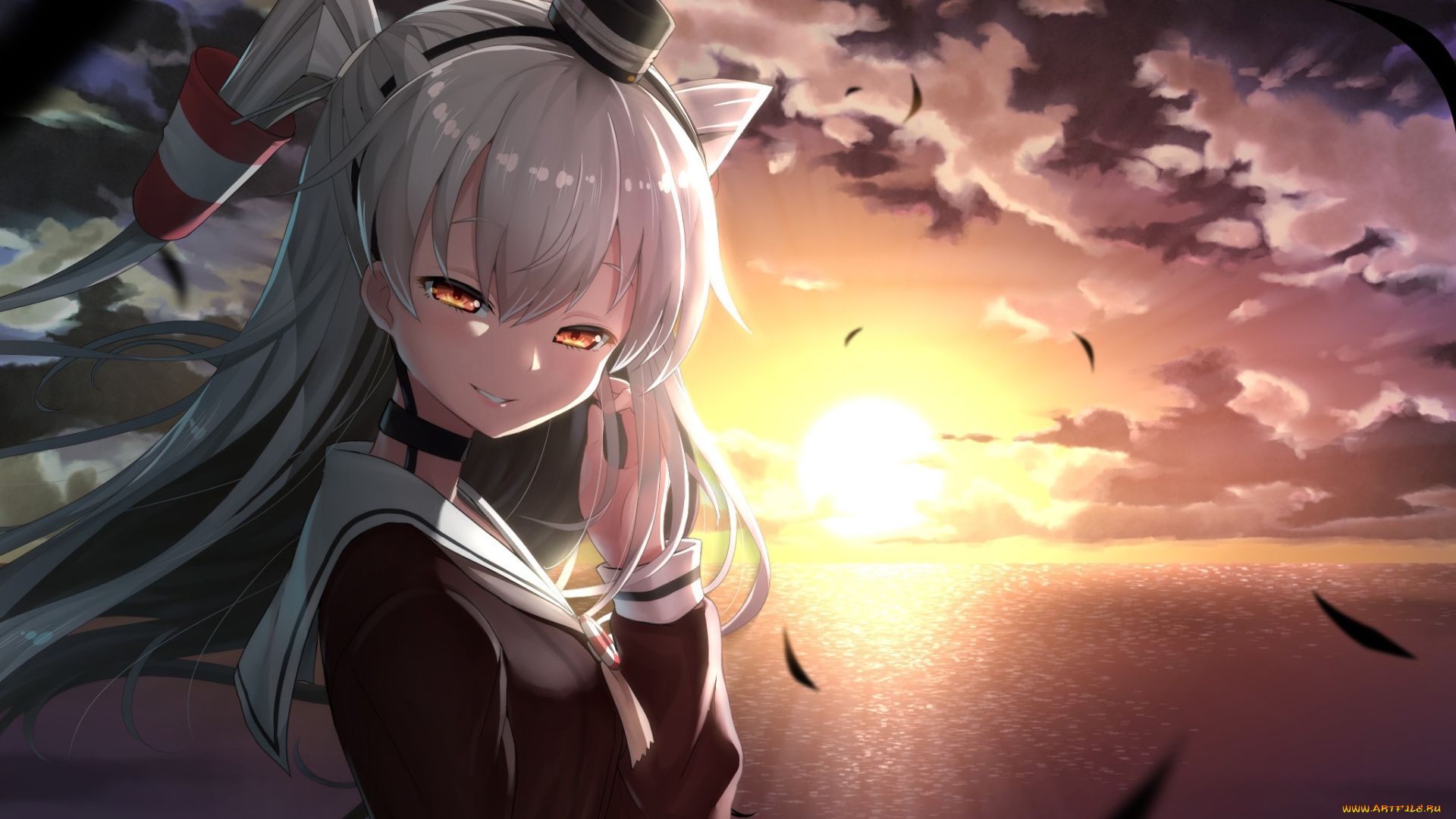 аниме, *unknown, , другое, арт, erokosei, kantai, collection, amatsukaze, девушка, закат, улыбка, море, перья