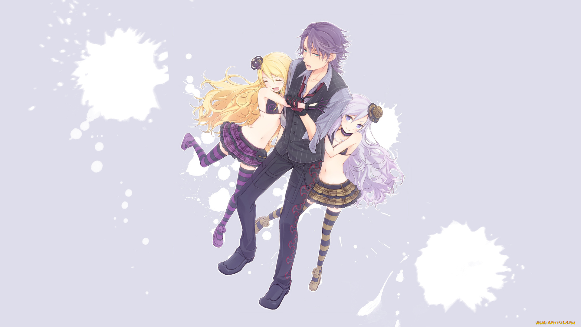 аниме, *unknown, , другое, две, девушки, один, парень, радость, лоли, пятна, краски