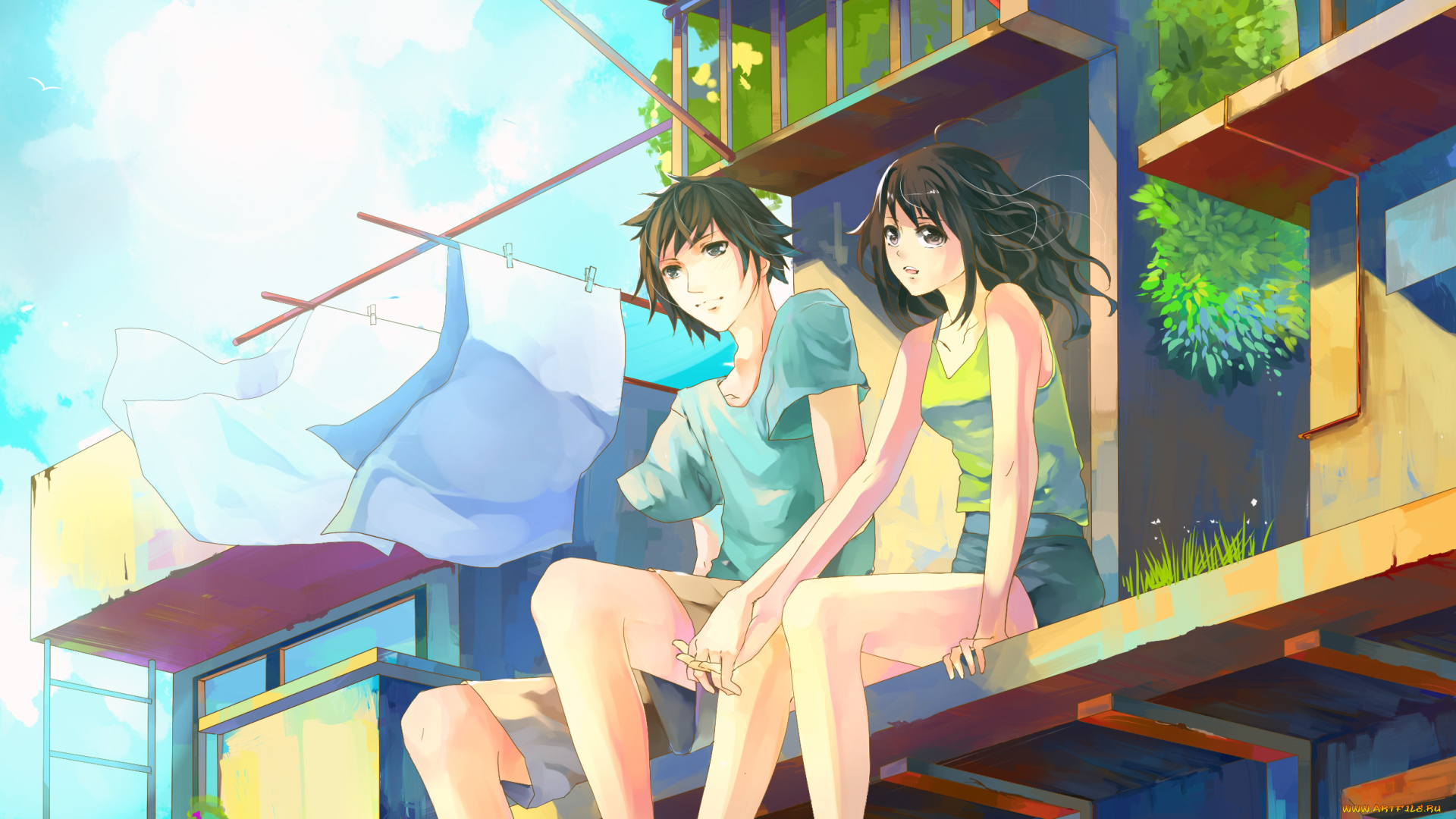 аниме, *unknown, , другое, двое, парень, девушка, ветер, трава, листья, белье, дома, сидят, влюбленные