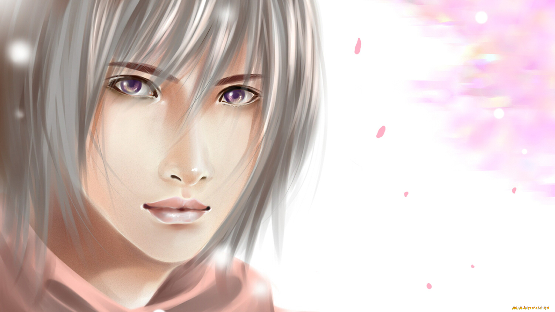 аниме, *unknown, , другое, лицо, портрет, блондин, сиреневые, глаза, арт, парень, взгляд, фон, белый, лепестки, сакура