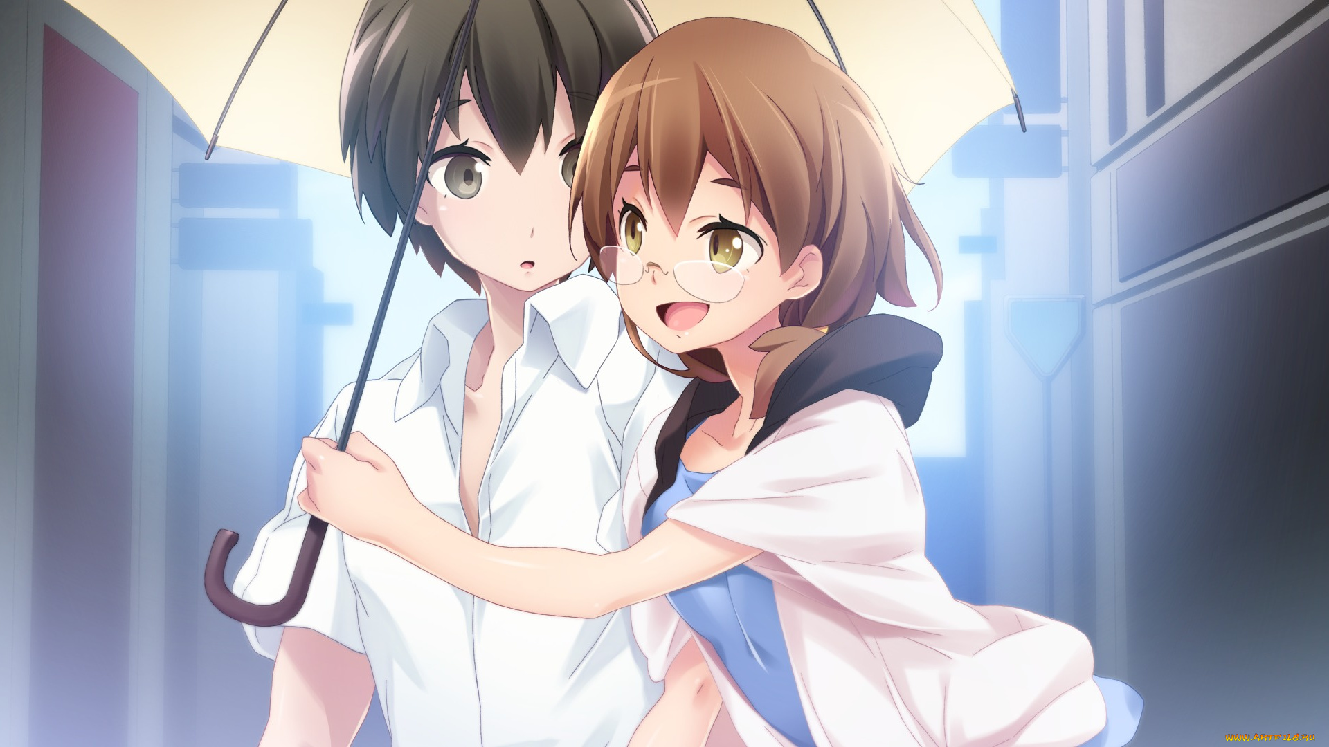 аниме, *unknown, , другое, очки, зонт, девушка, арт, парень, brava, смущение, школьники