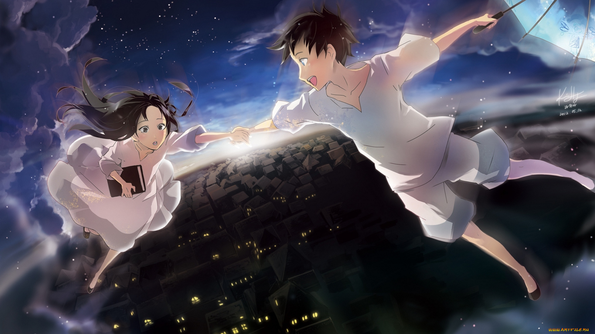 аниме, *unknown, , другое, зонт, свет, книга, облака, звезды, город, закат, полет, слезы, дома, двое, высота, парень, девушка, rahwia, арт