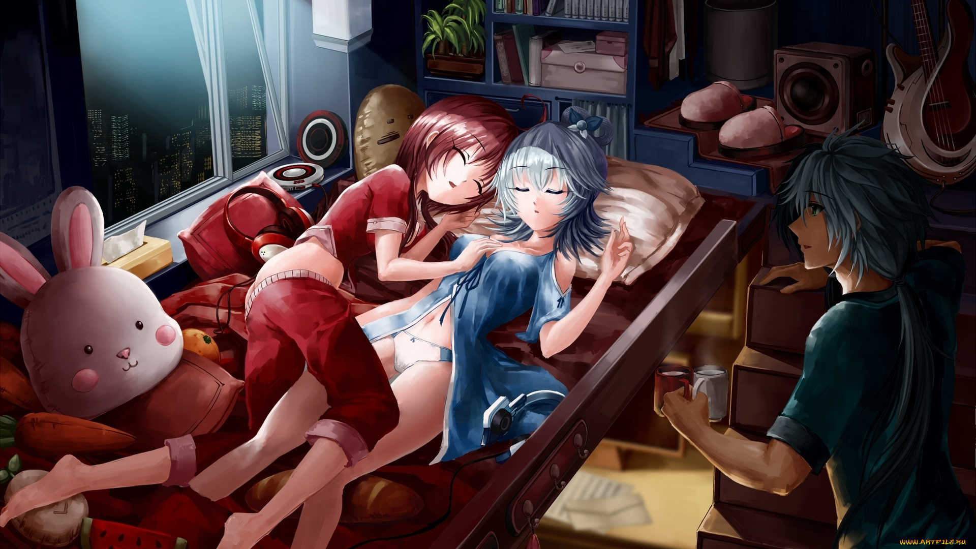 аниме, vocaloid, дома, ночь, наушники, колонки, игрушки, гитара, yuezheng, ling, luo, tianyi, заяц, кружка, парень, guolu, вокалоид, девушки, longya, растение, книги, город, окно, арт