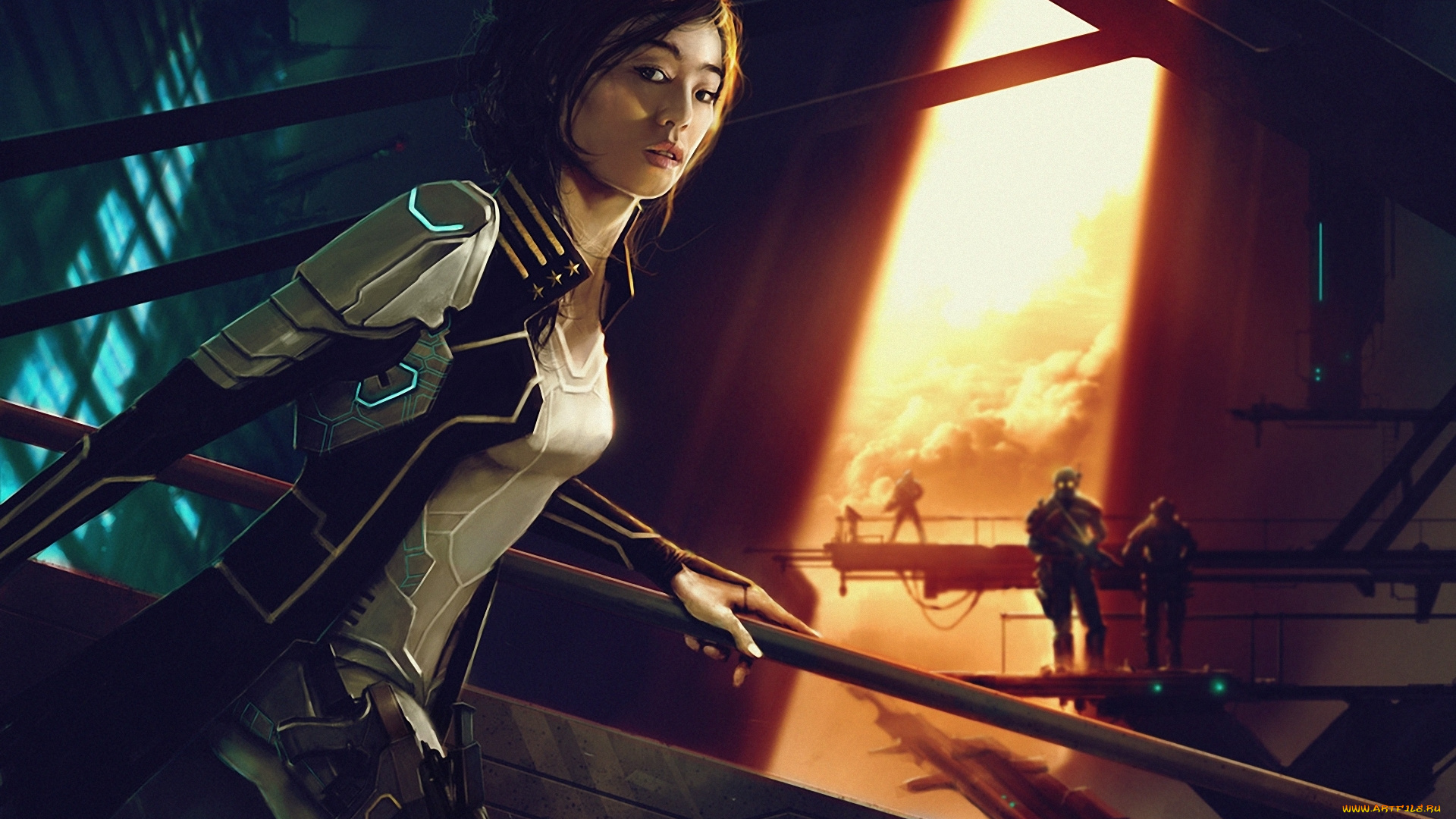 фэнтези, девушки, солнце, оружие, будущее, солдаты, девушка, арт, облака