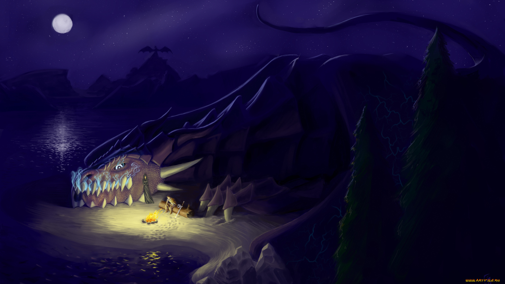 фэнтези, драконы, арт, ночь, горы, лес, костер, парень, девушка, привал, луна, озеро