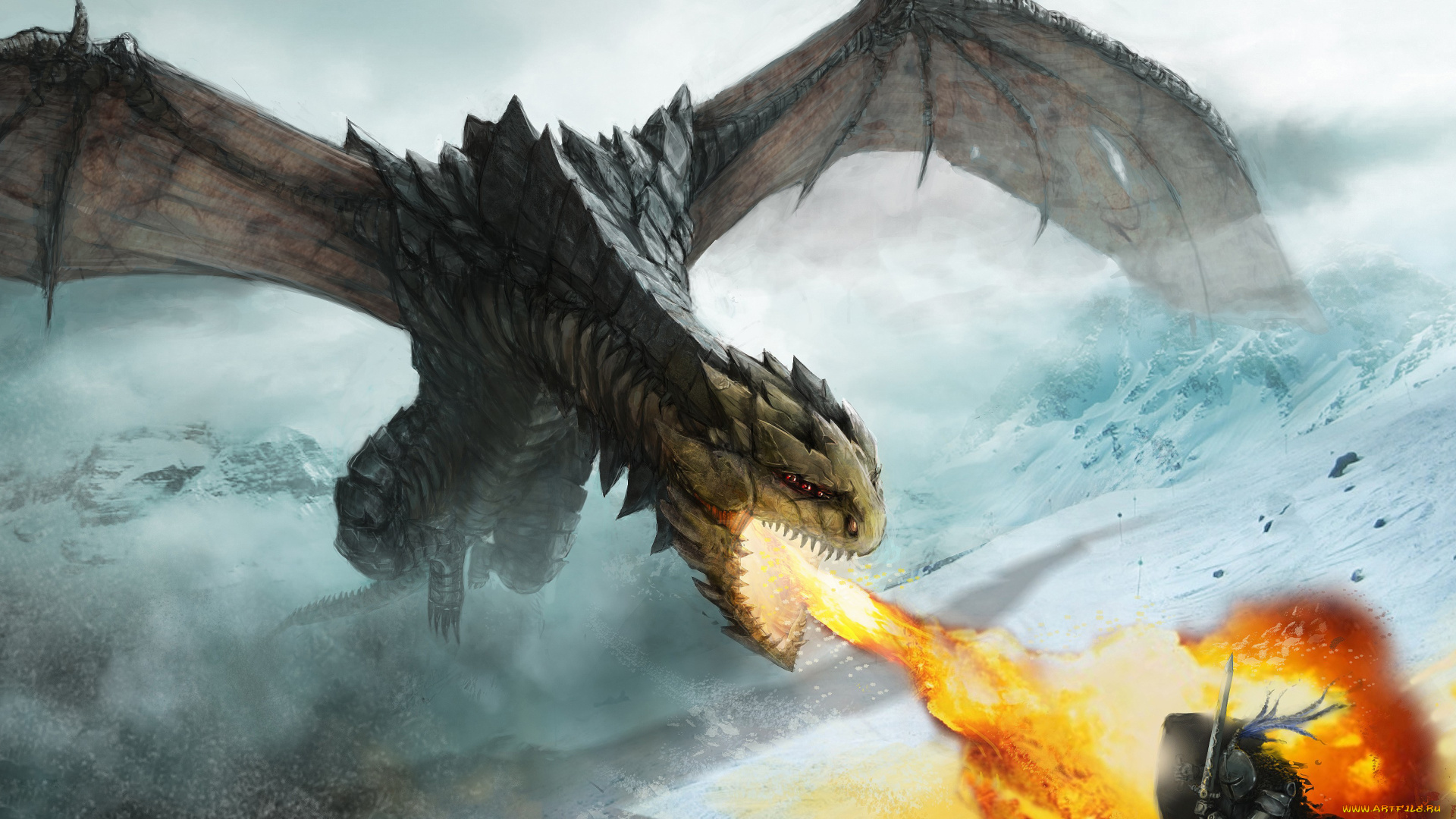 фэнтези, драконы, воин, снег, горы, ярость, нападение, оборона, оружие, огонь
