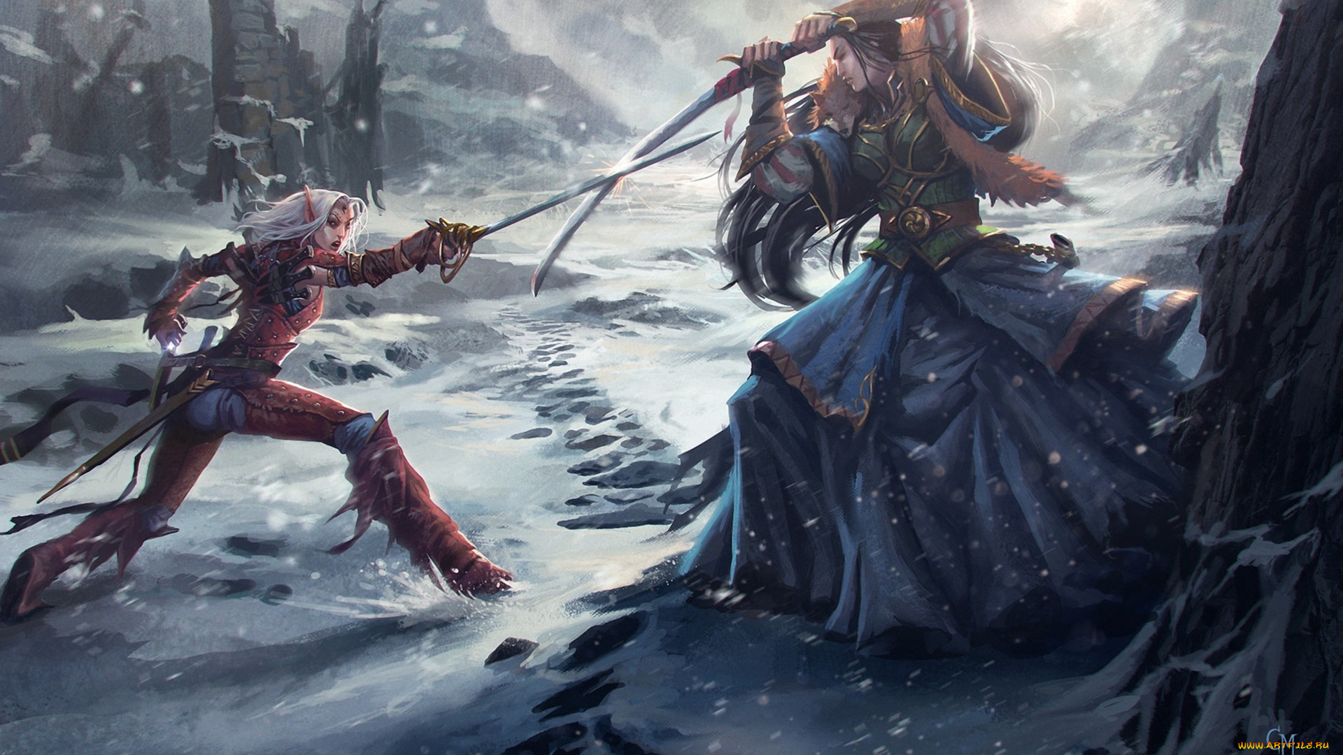 фэнтези, эльфы, эльфийка, снег, меч, девушки, битва, арт
