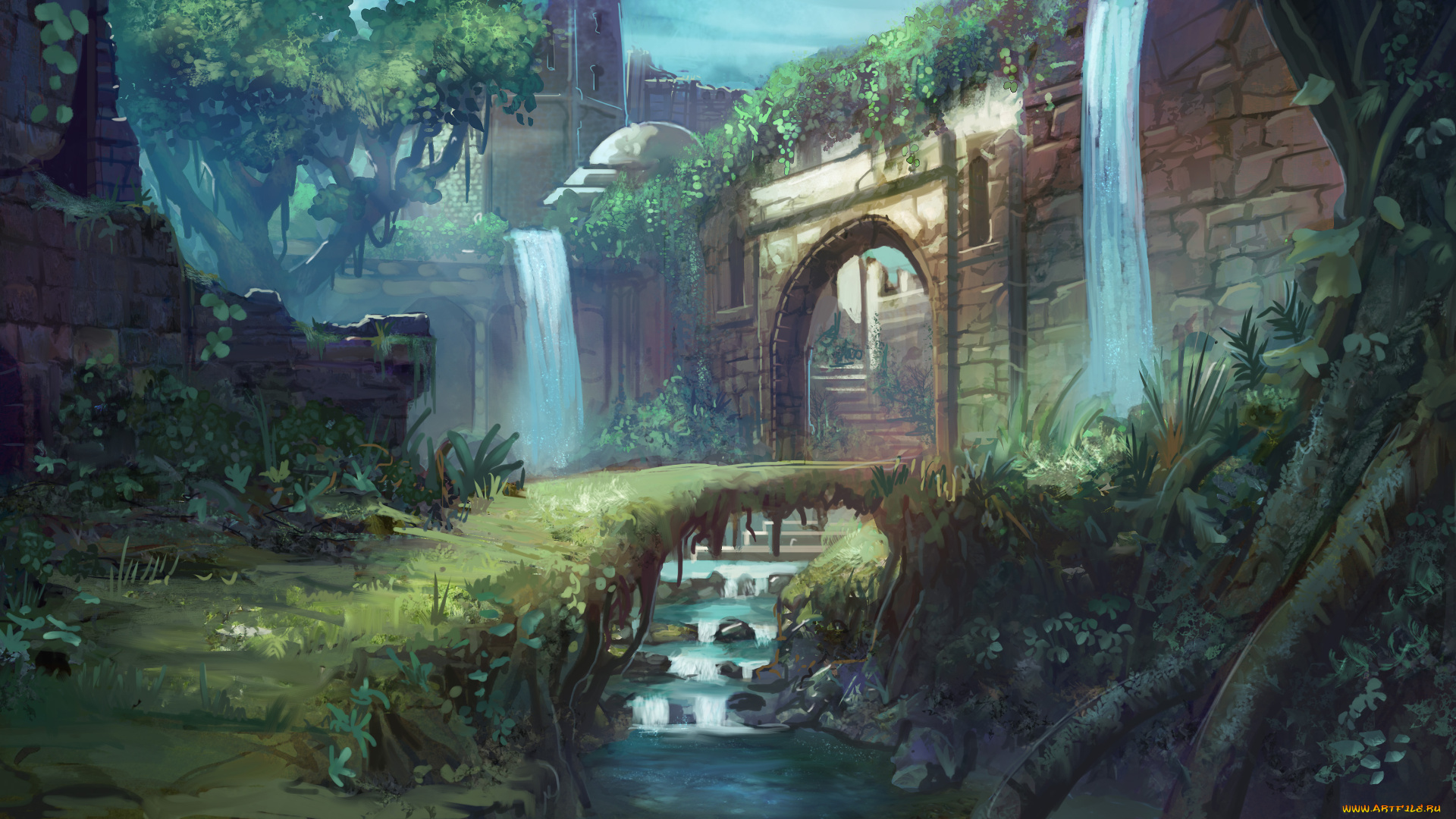 фэнтези, иные, миры, , иные, времена, водопад, руины, река