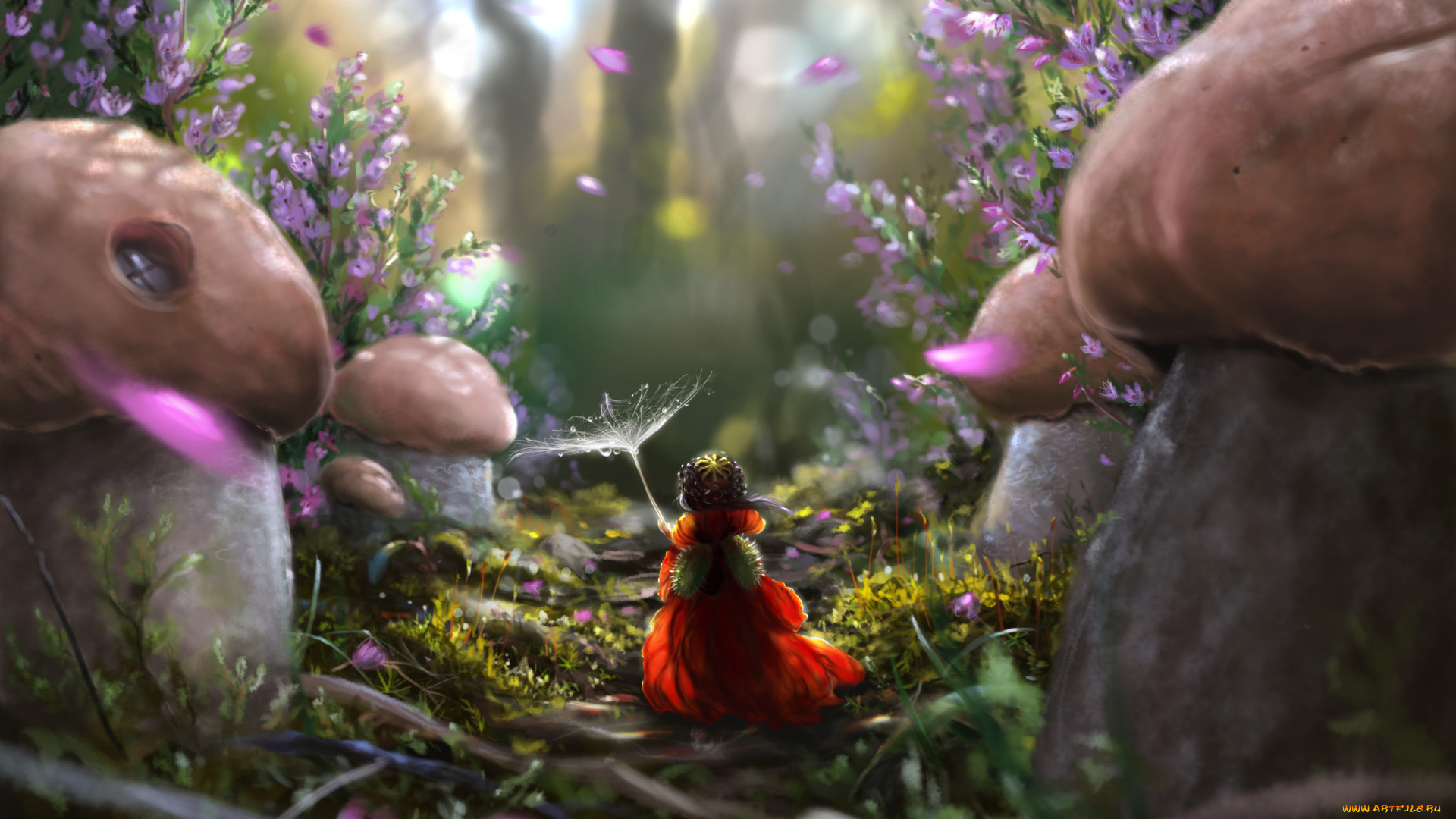 фэнтези, существа, девочка, лепестки, грибы, тропинка, лес, арт
