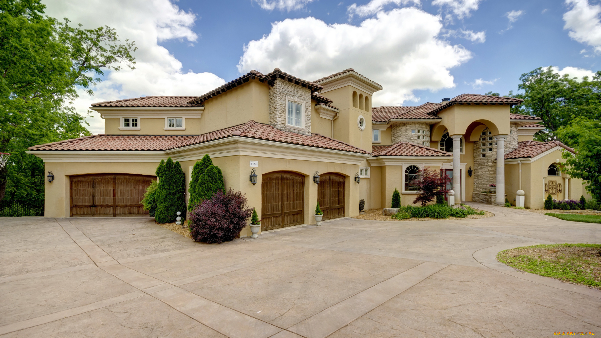 города, -, здания, , дома, гараж, дорожка, дом, кусты, ландшафт