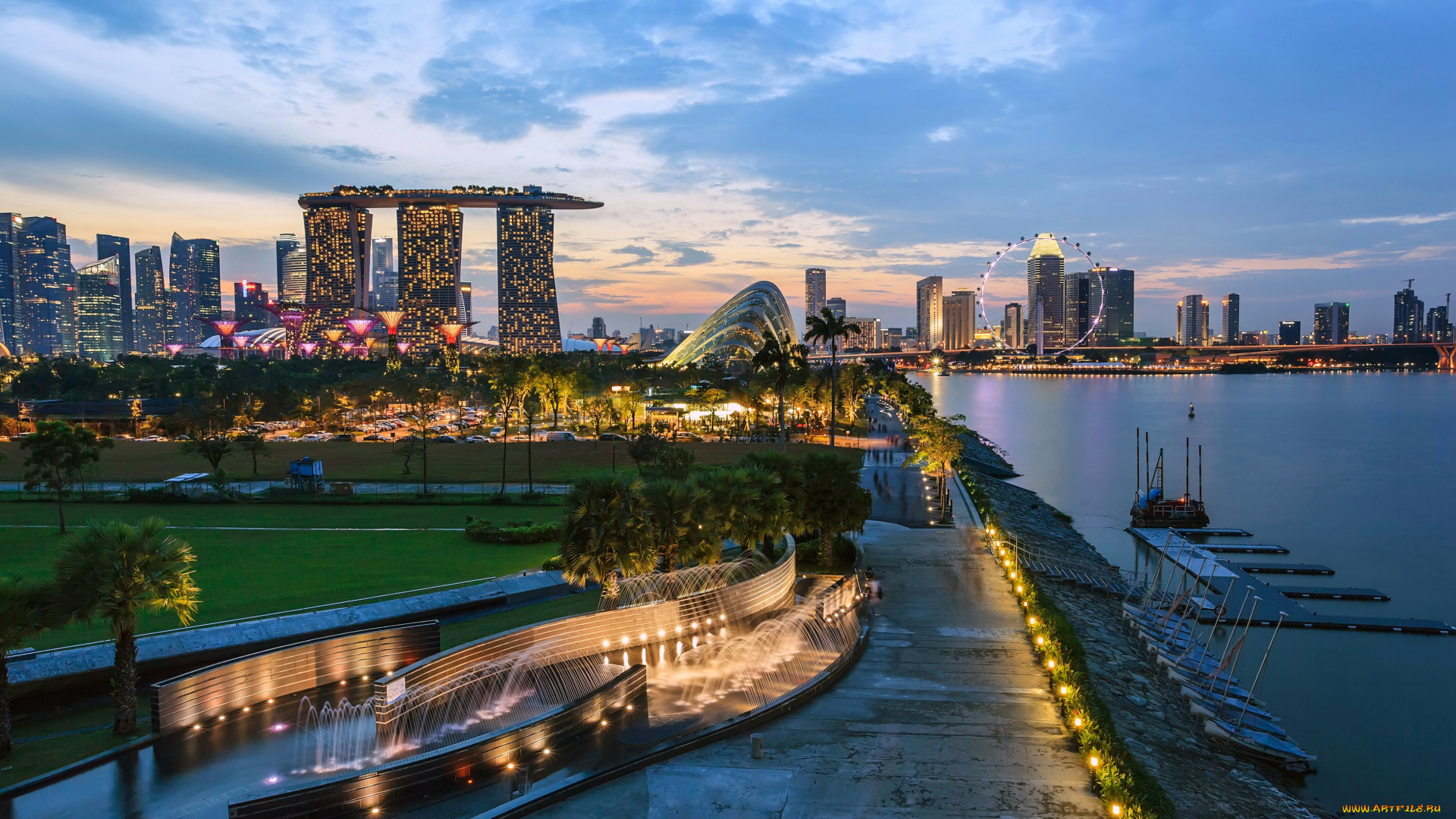 города, сингапур, , сингапур, здания, вечер
