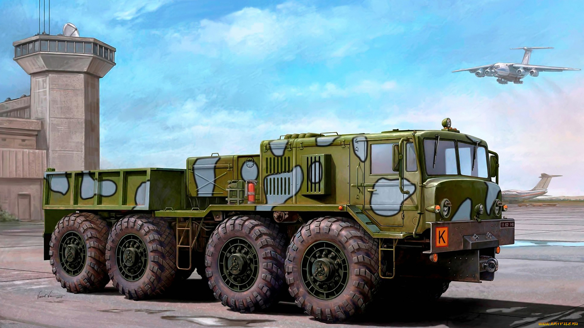 рисованные, авто, мото, транспортер, четырехосный, балластный, тягач, кзкт, 537л, предназначен, для, буксировки, самолетов, массой, 200т, двигатель, Ямз, 240нм-1б, 500, л, с, аэродром, в, небе, ил-76, ссср, художник, vincent, wai