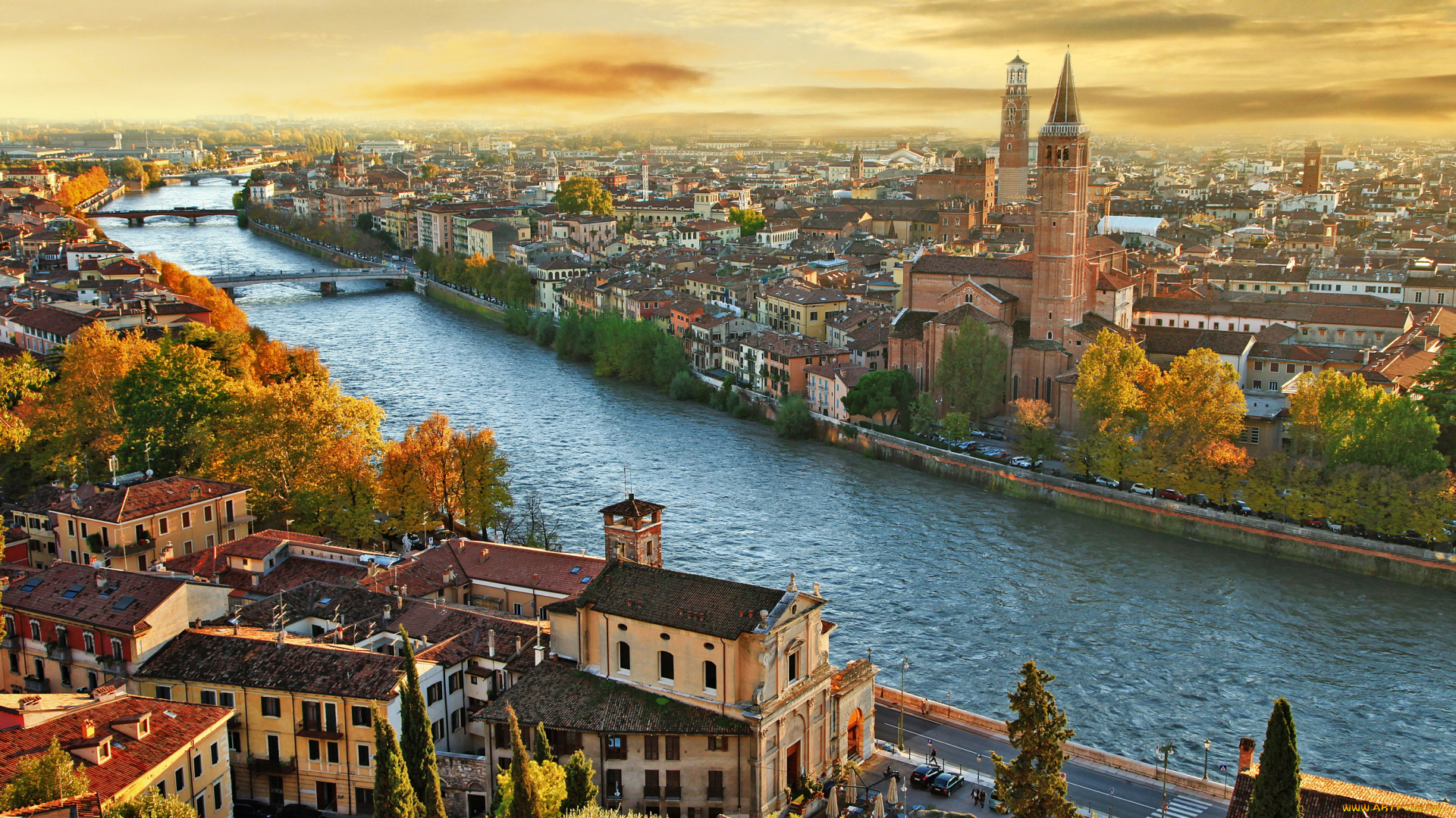 верона, , италия, города, -, панорамы, река, здания
