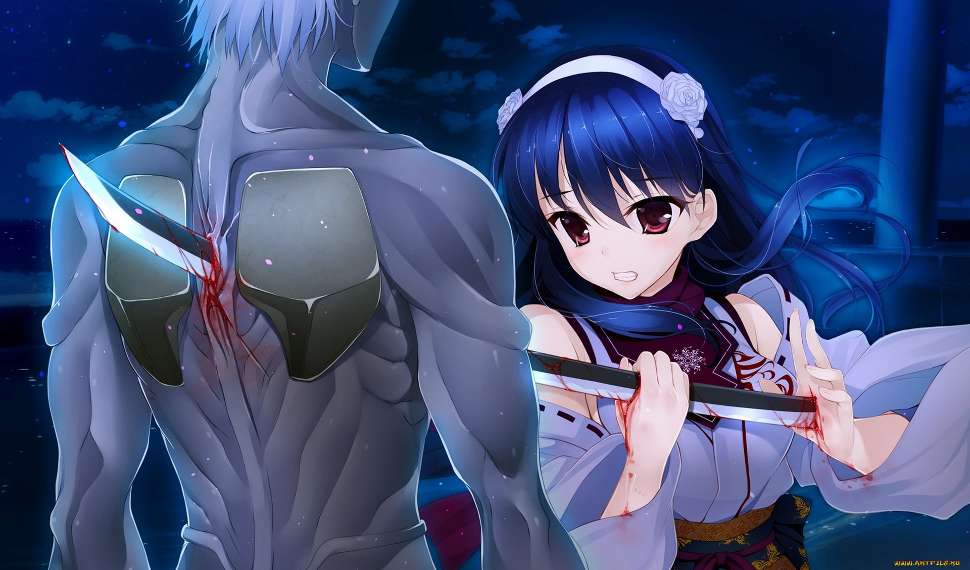 shoujo, shiniki, аниме, -weapon, , blood, &, technology, небо, рана, кровь, парень, звезды, ночь, оружие, катана, девушка, облака, okushiro, yuki, shoujo, shiniki, tengoku, цветы, арт, hayakawa, harui, розы, снежинки