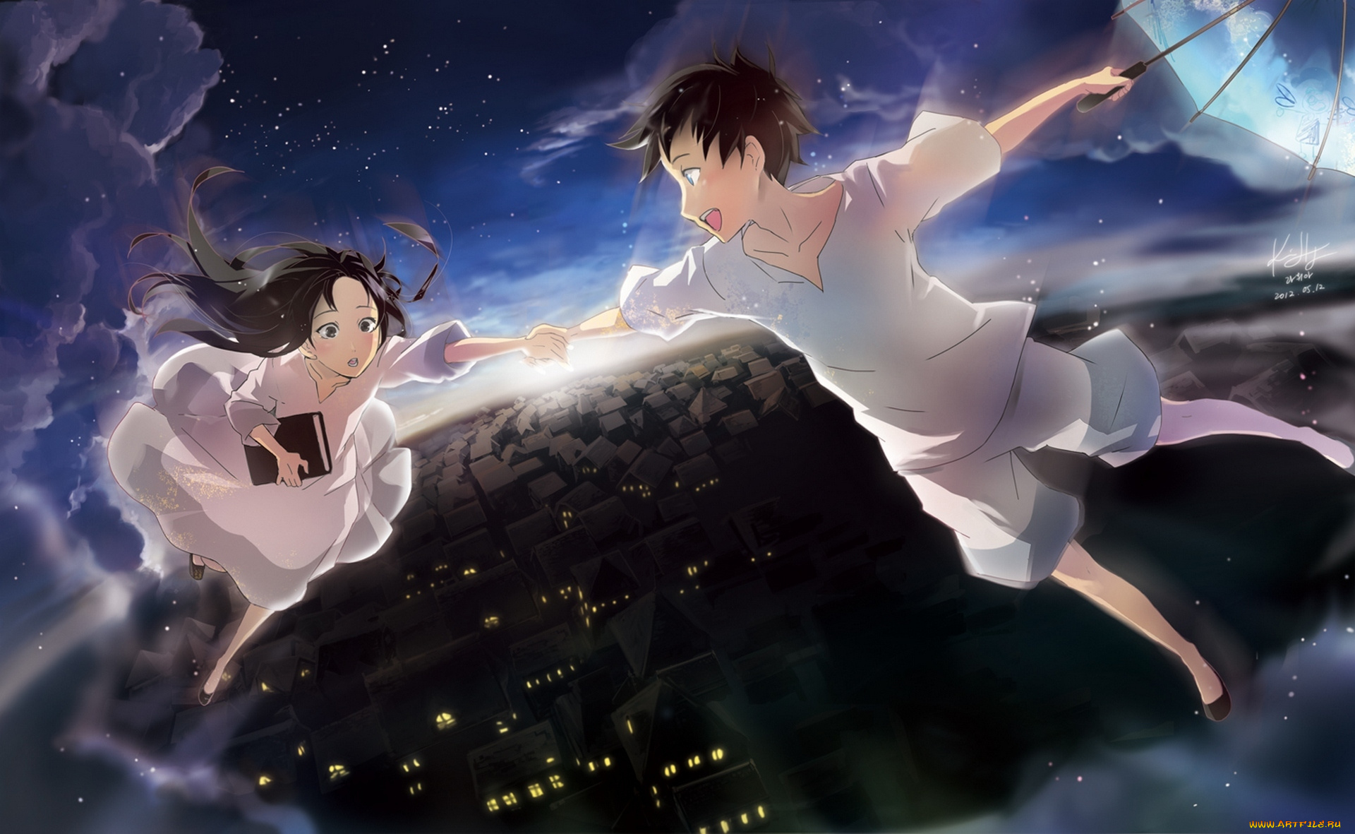 аниме, *unknown, , другое, зонт, свет, книга, облака, звезды, город, закат, полет, слезы, дома, двое, высота, парень, девушка, rahwia, арт