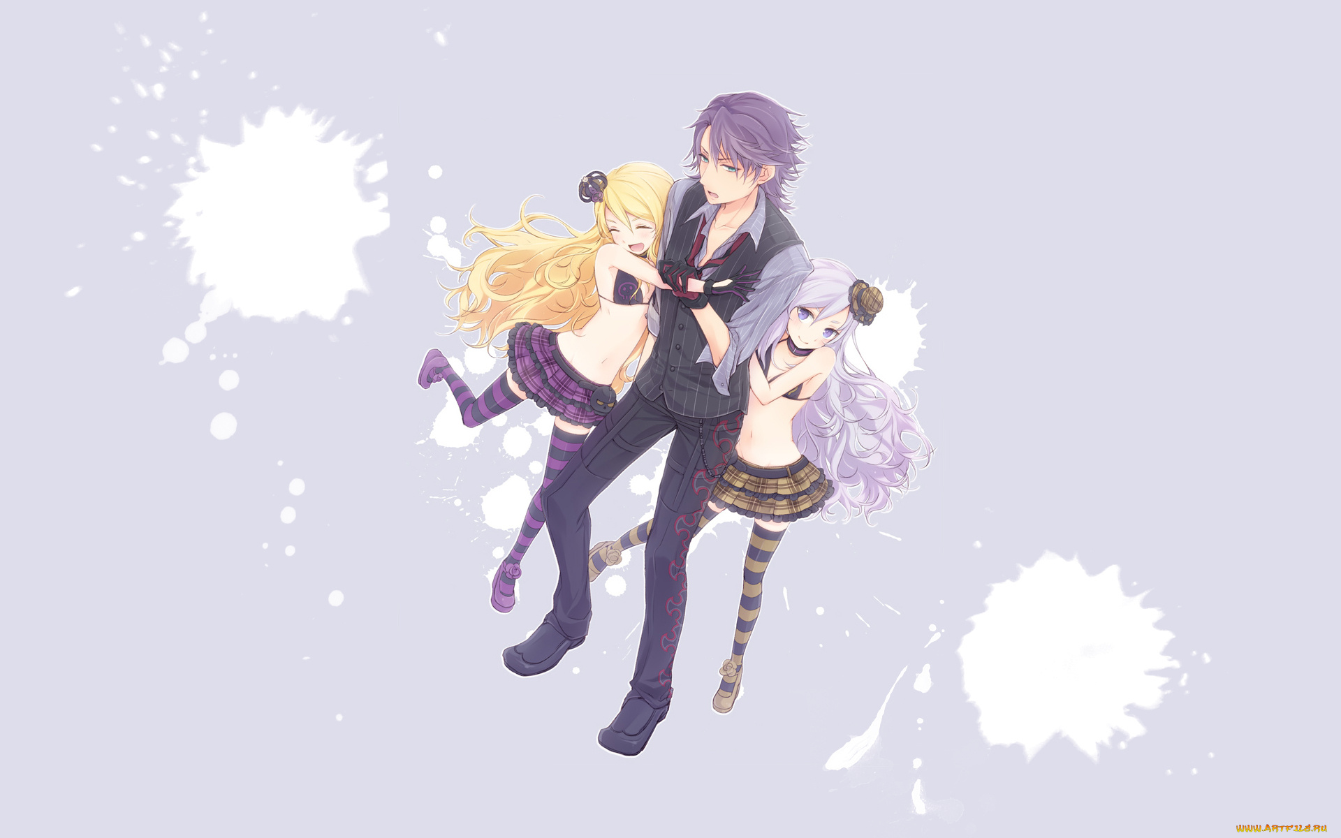 аниме, *unknown, , другое, две, девушки, один, парень, радость, лоли, пятна, краски