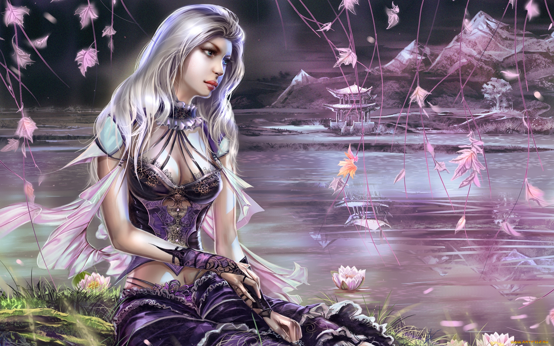 фэнтези, девушки, платье, пруд, горы, пагода, отражение, цветы