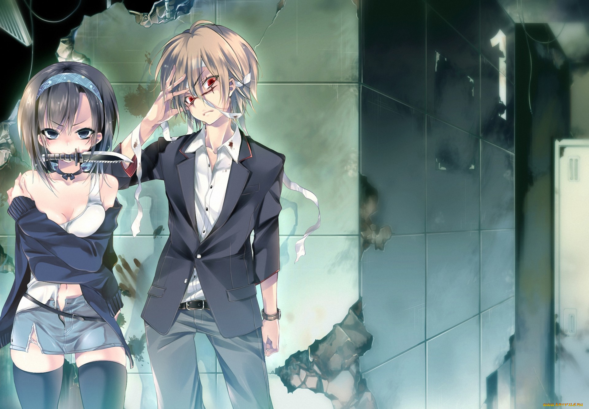 аниме, -weapon, , blood, &, technology, раны, бинты, угол, нож, девушка, парень, tokage, no, ou, kamishiki, арт