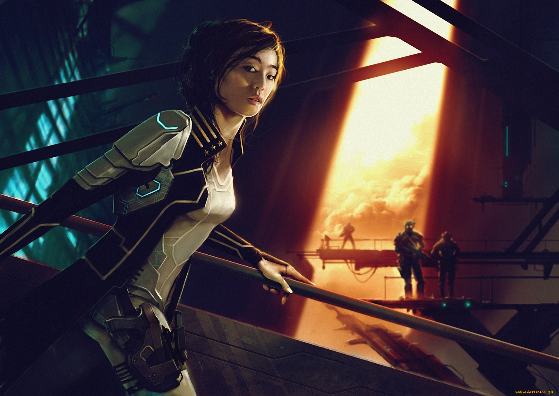 фэнтези, девушки, солнце, оружие, будущее, солдаты, девушка, арт, облака