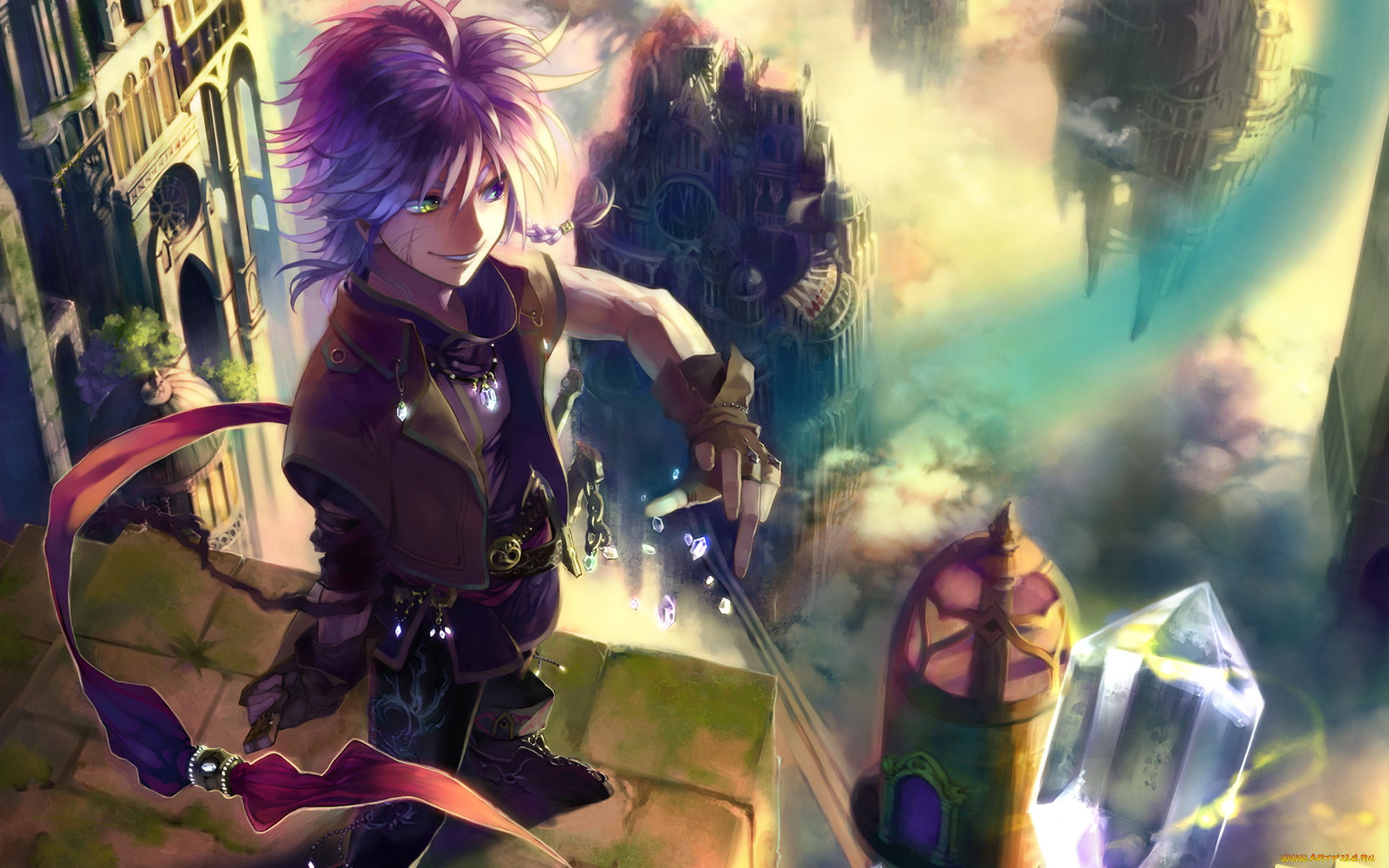 аниме, *unknown, , другое, коса, улыбка, шрам, здания, гетерохромия, кристаллы, парень