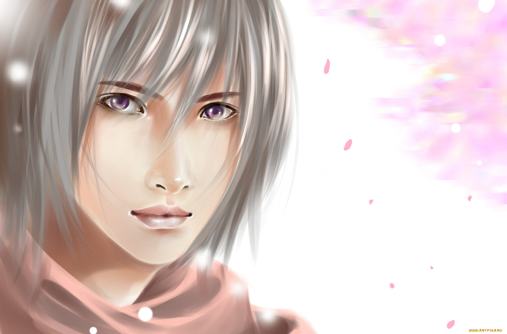 аниме, *unknown, , другое, лицо, портрет, блондин, сиреневые, глаза, арт, парень, взгляд, фон, белый, лепестки, сакура