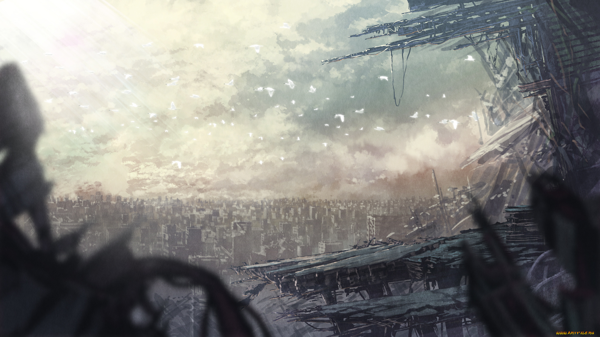 фэнтези, иные, миры, , иные, времена, птицы, руины, обломки, город, senko, doki, арт